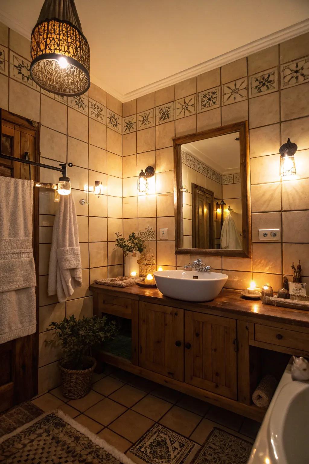 Adjustable lighting establishes a personalized and serene atmosphere in the restroom.