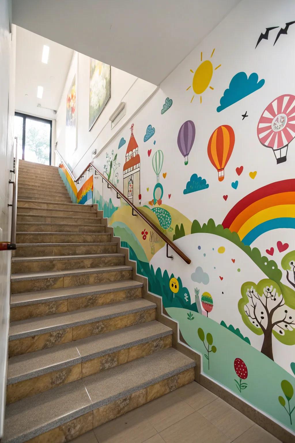 Wall decals give staircase walls a lively and imaginative touch.