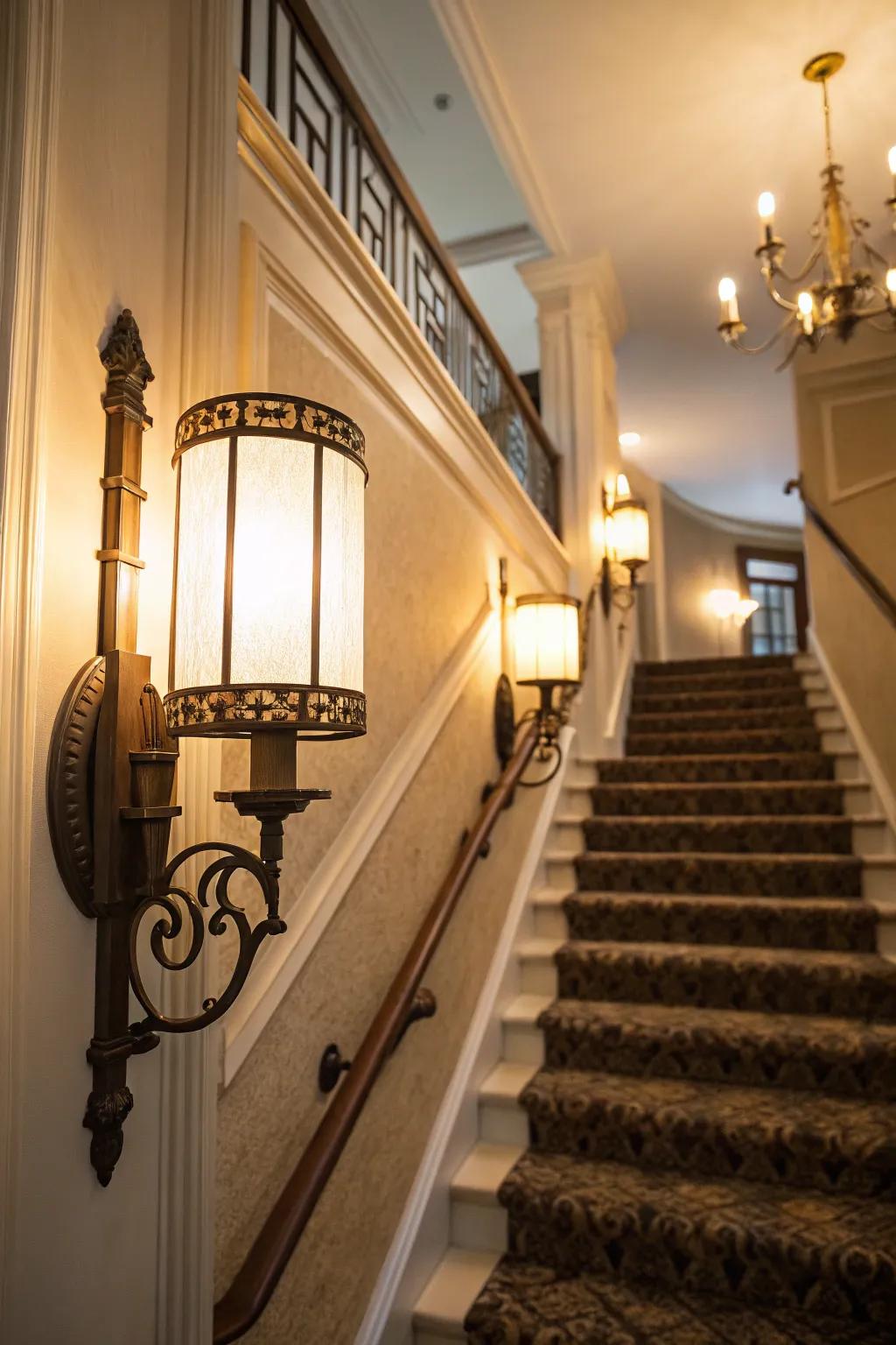 Wall sconces enrich the stairway with warmth and flair.