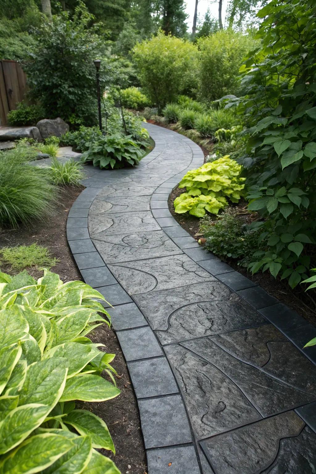 Charcoal accents bring a striking detail to this garden trail.