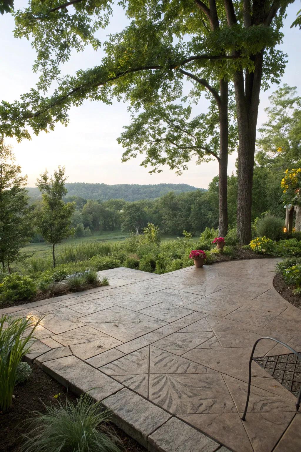 A stamped concrete patio that complements its natural environment.