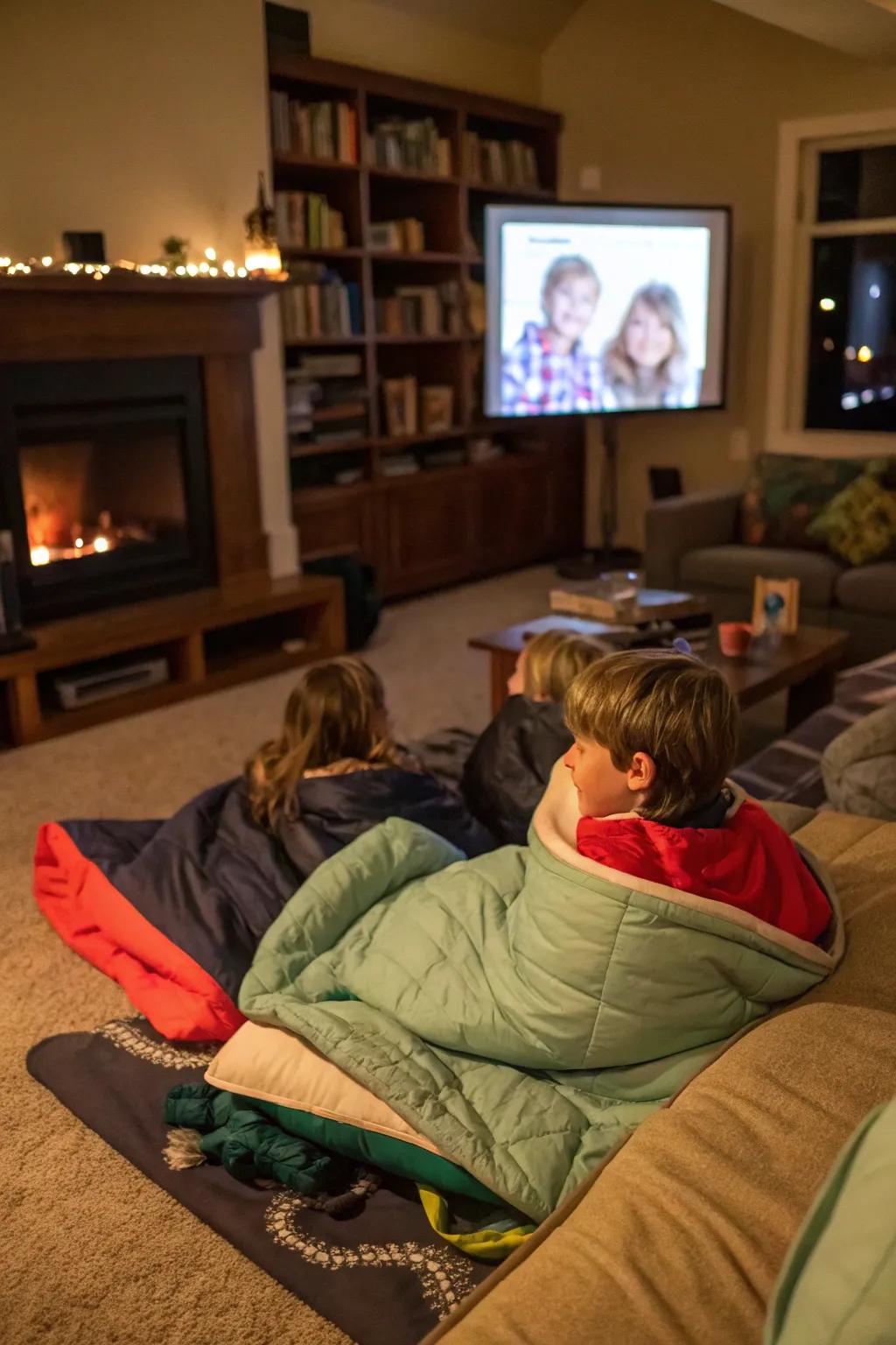 Enjoy a cozy sleepover with laughter and movies.