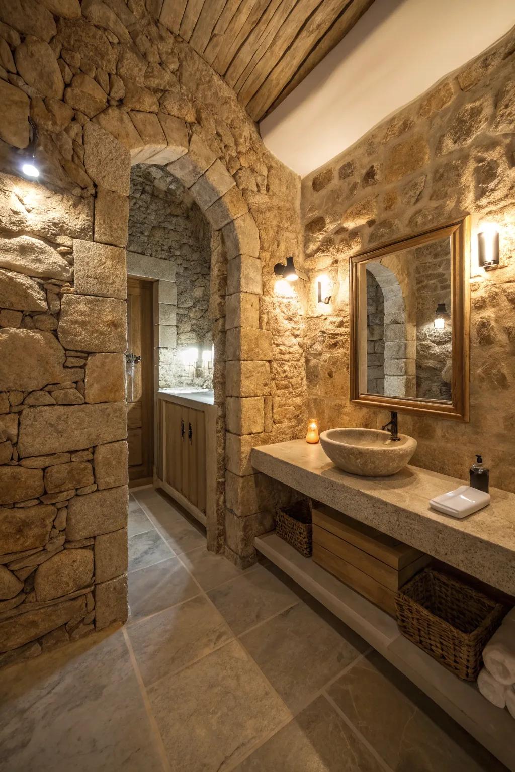 Ambient lighting highlights the textures in this stone bathroom.