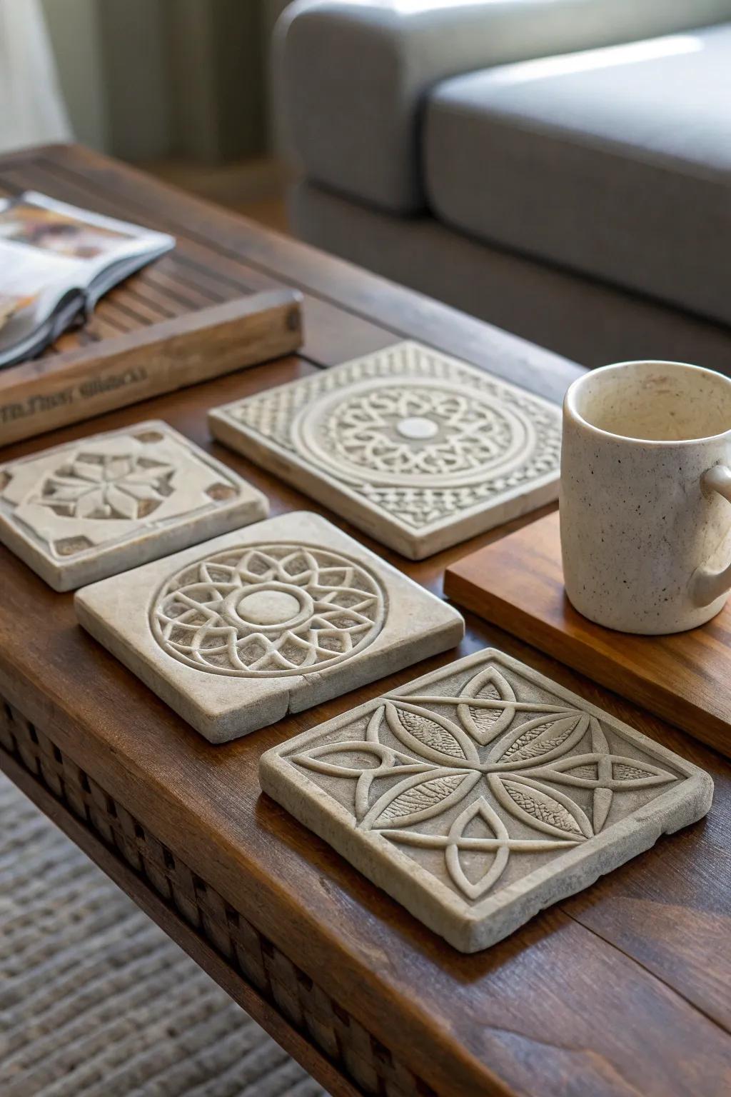 Chic stone pads with geometric designs, handcrafted at home.