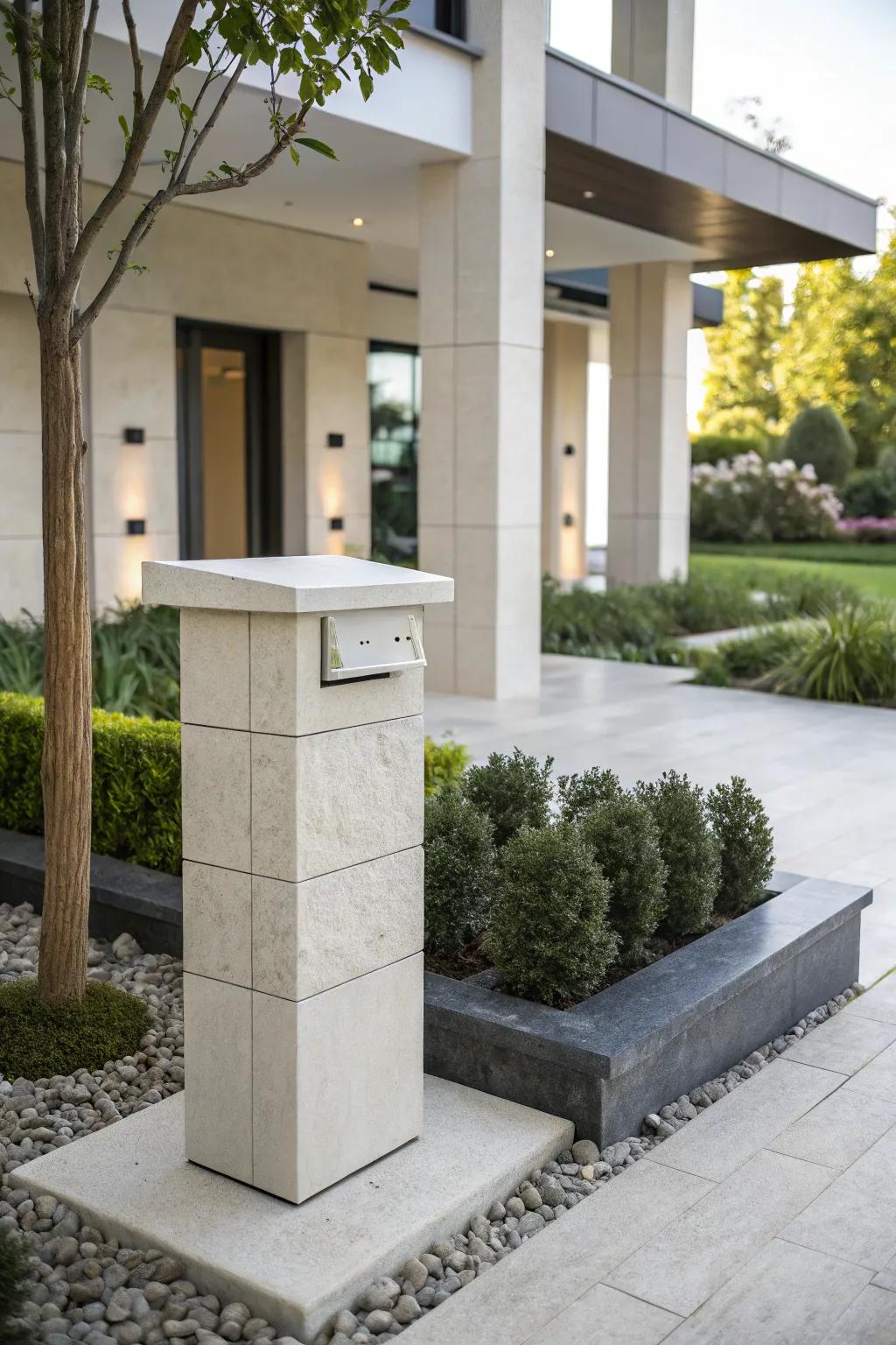 A modern stone mailbox features neat lines and subtle beauty.