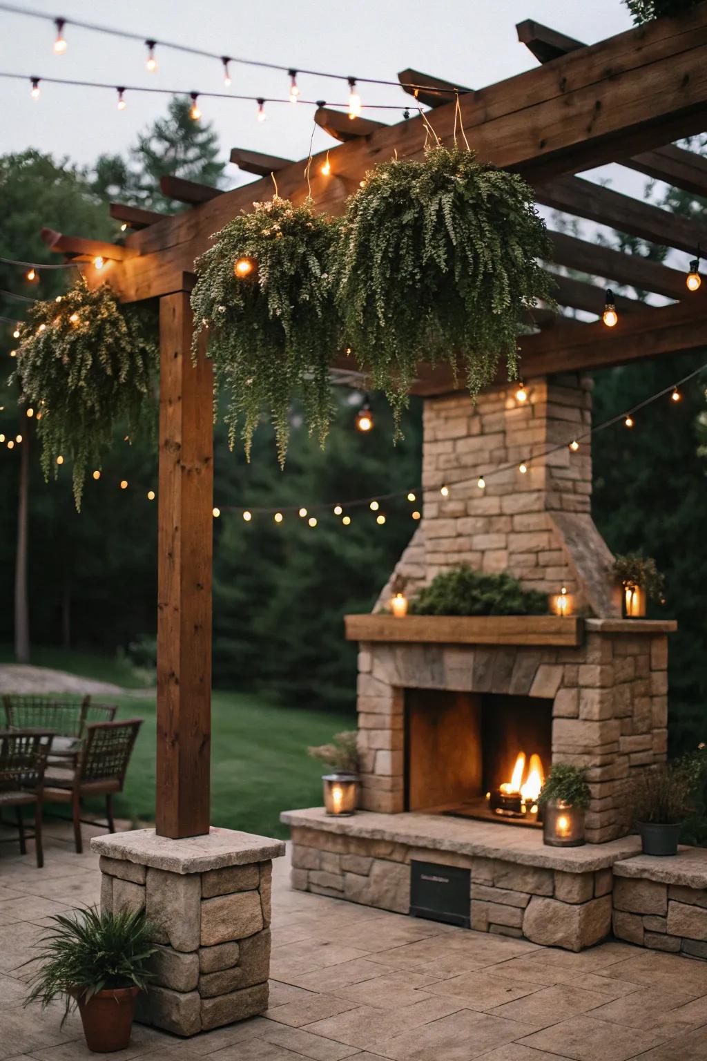 A pergola-covered fireplace offers a cozy retreat.