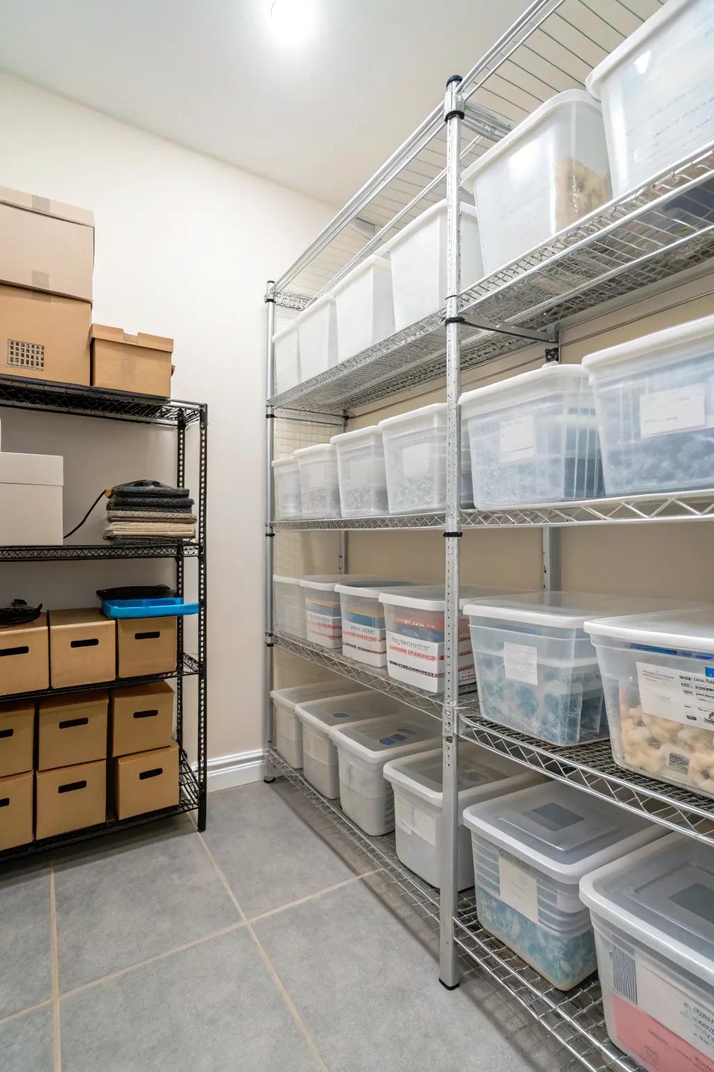 Open shelving provides a bright and airy storage solution.