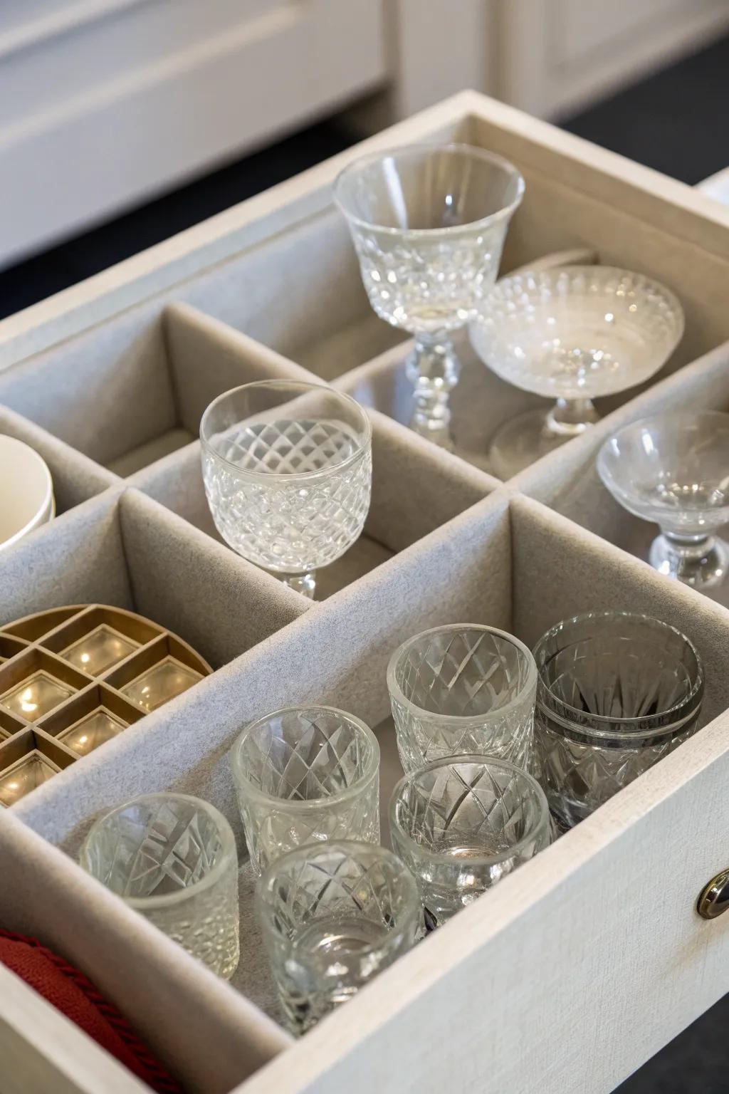Divided containers offer a safe storage solution for fragile glassware.