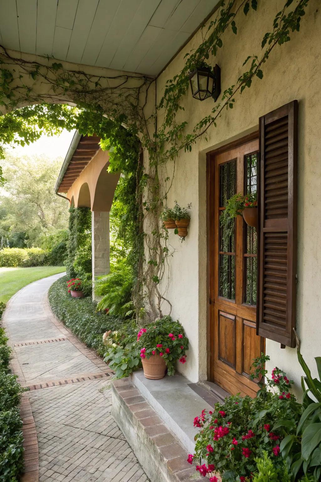 Abundant greenery wonderfully complements the stucco porch.