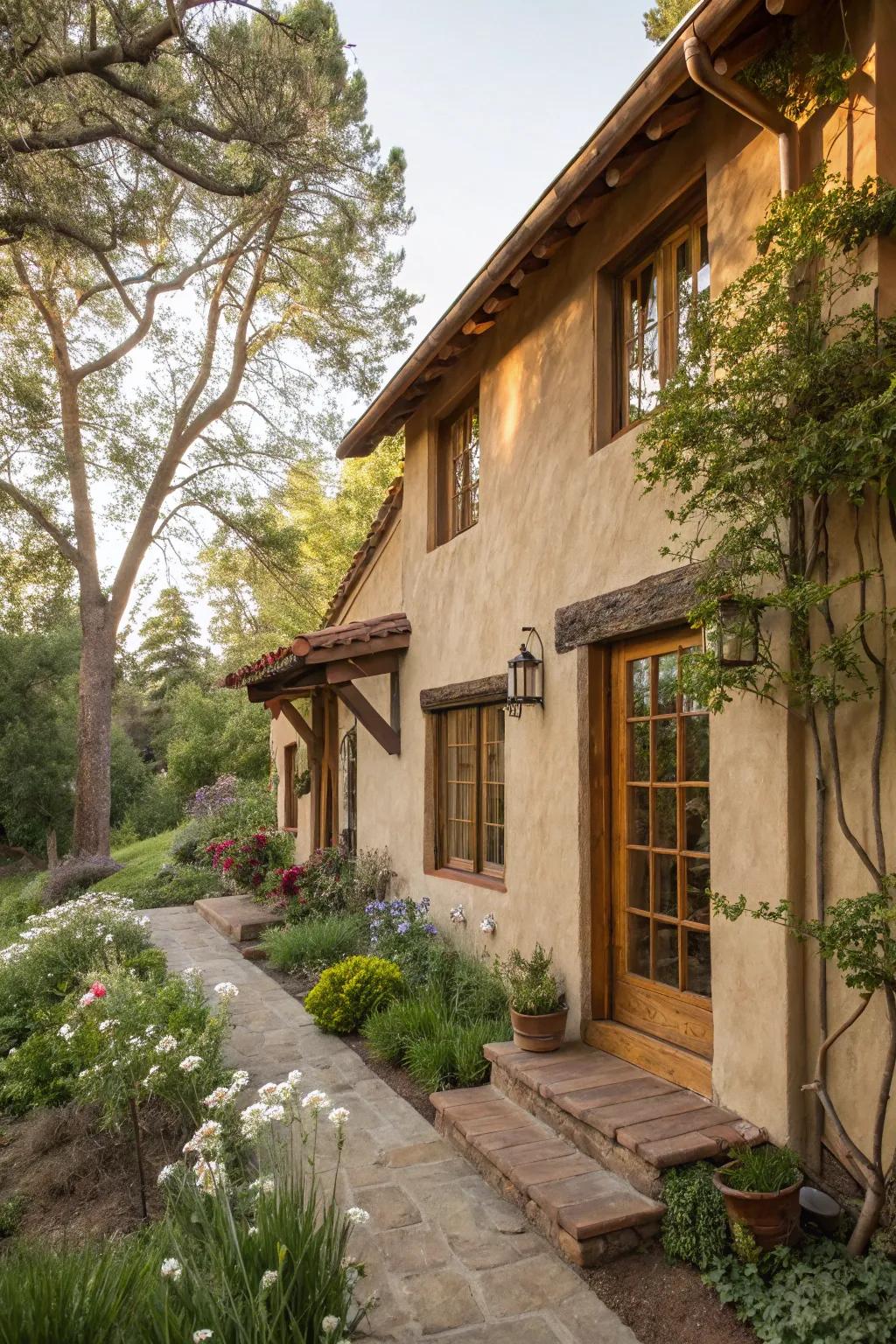Wooden surrounds lend a rustic charm to this inviting stucco home.