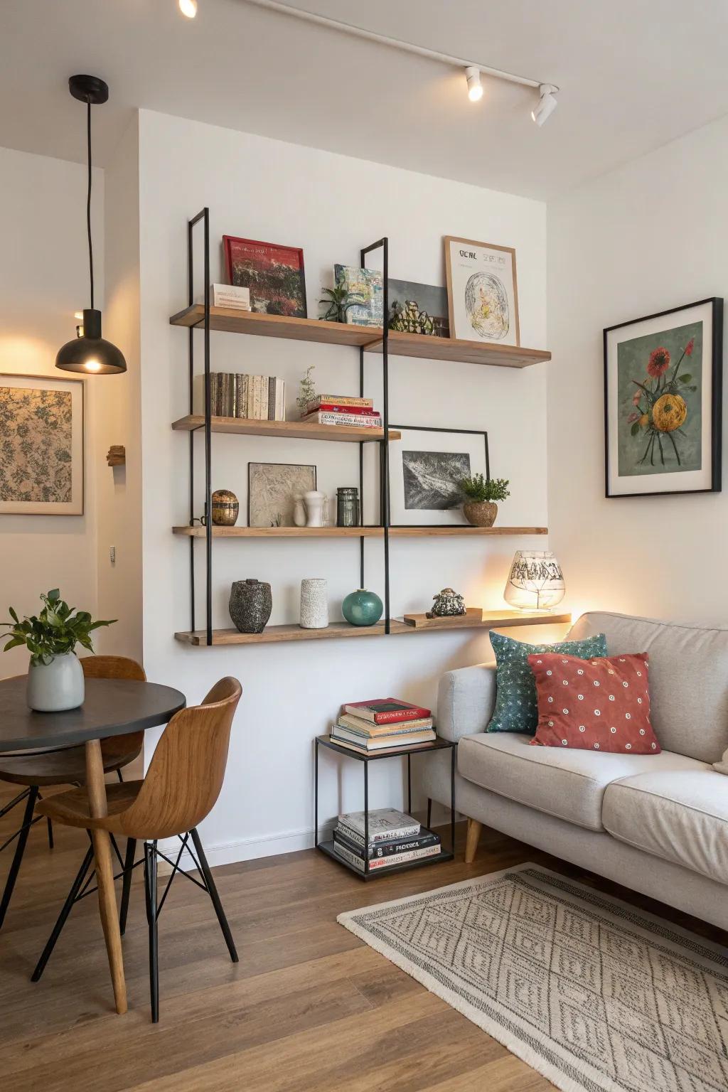 Suspended shelves introduce storage and character while keeping the floor uncluttered.