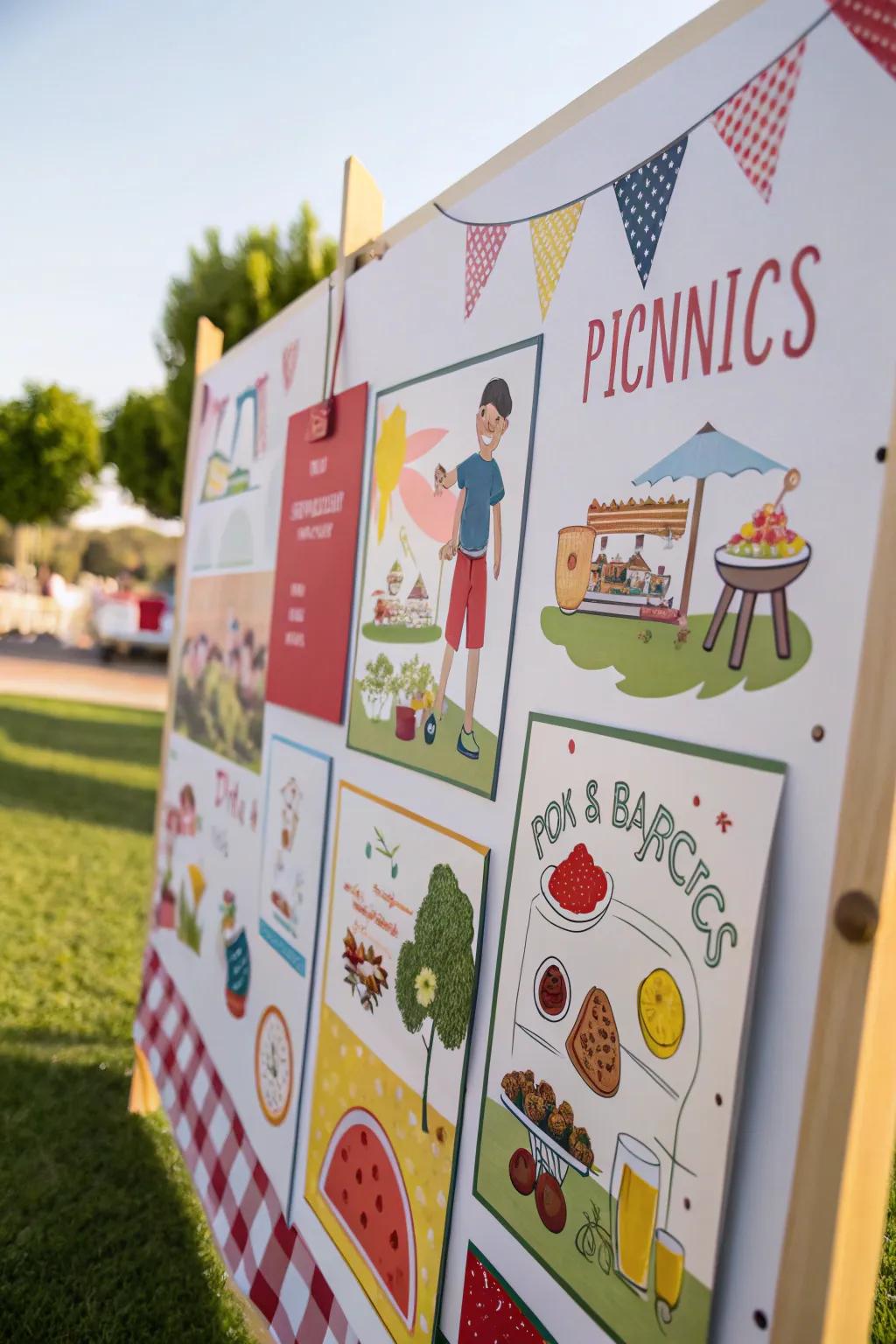 A board exhibiting cutouts symbolizing summer fun like picnics and barbeques.