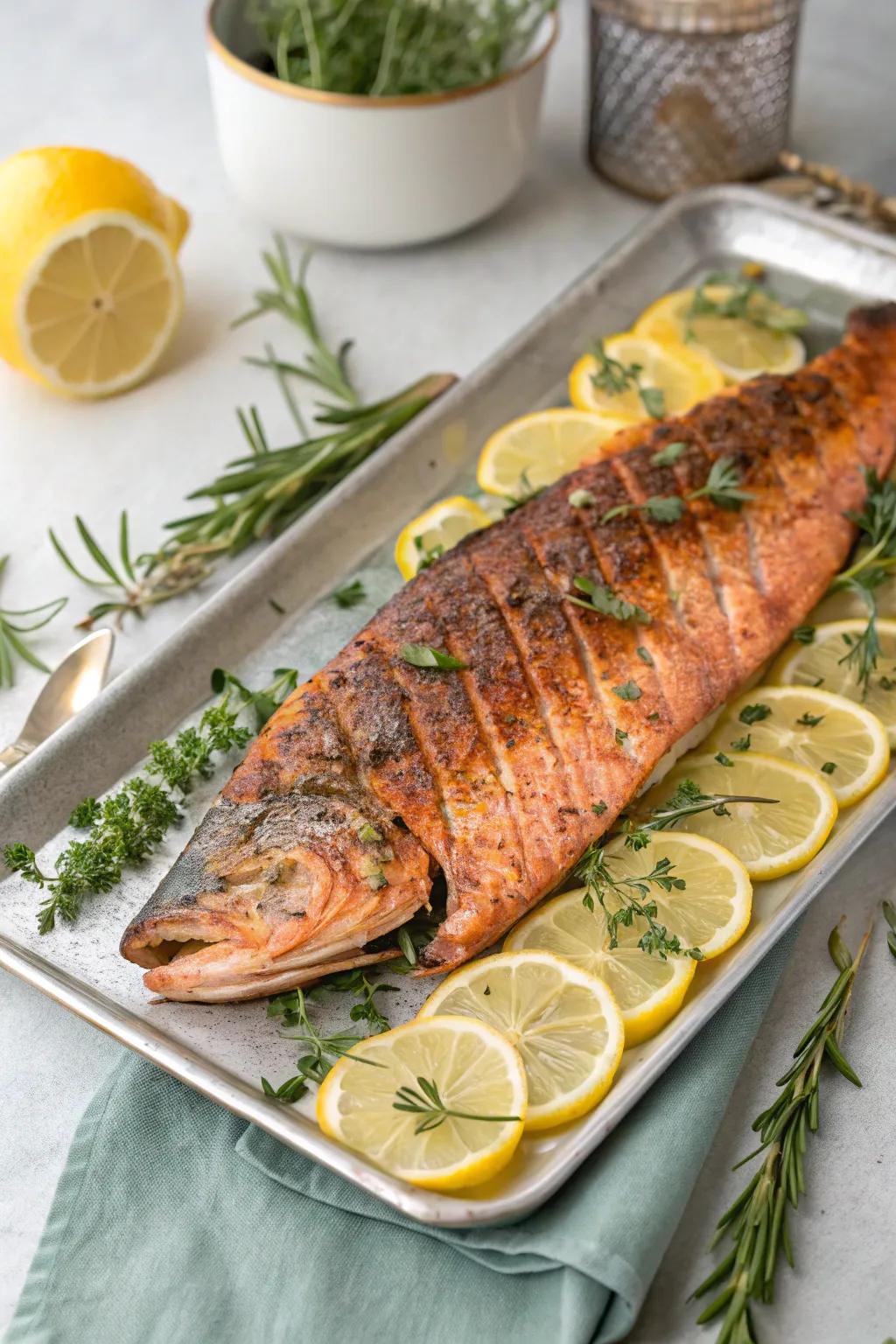 An exquisitely grilled flaked fish, ready to grace the table.