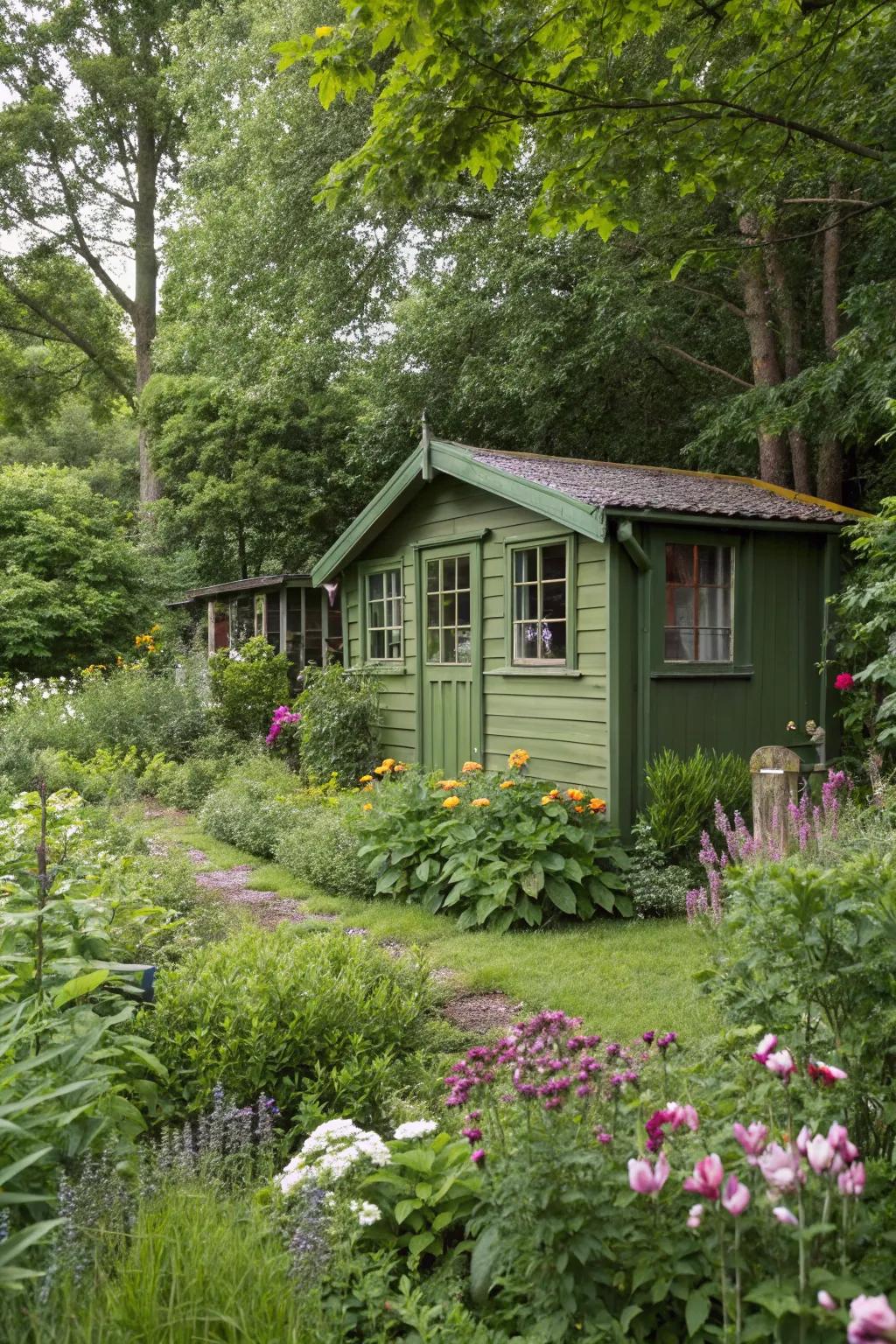 An earthy green summer house harmoniously blends with its garden surroundings.