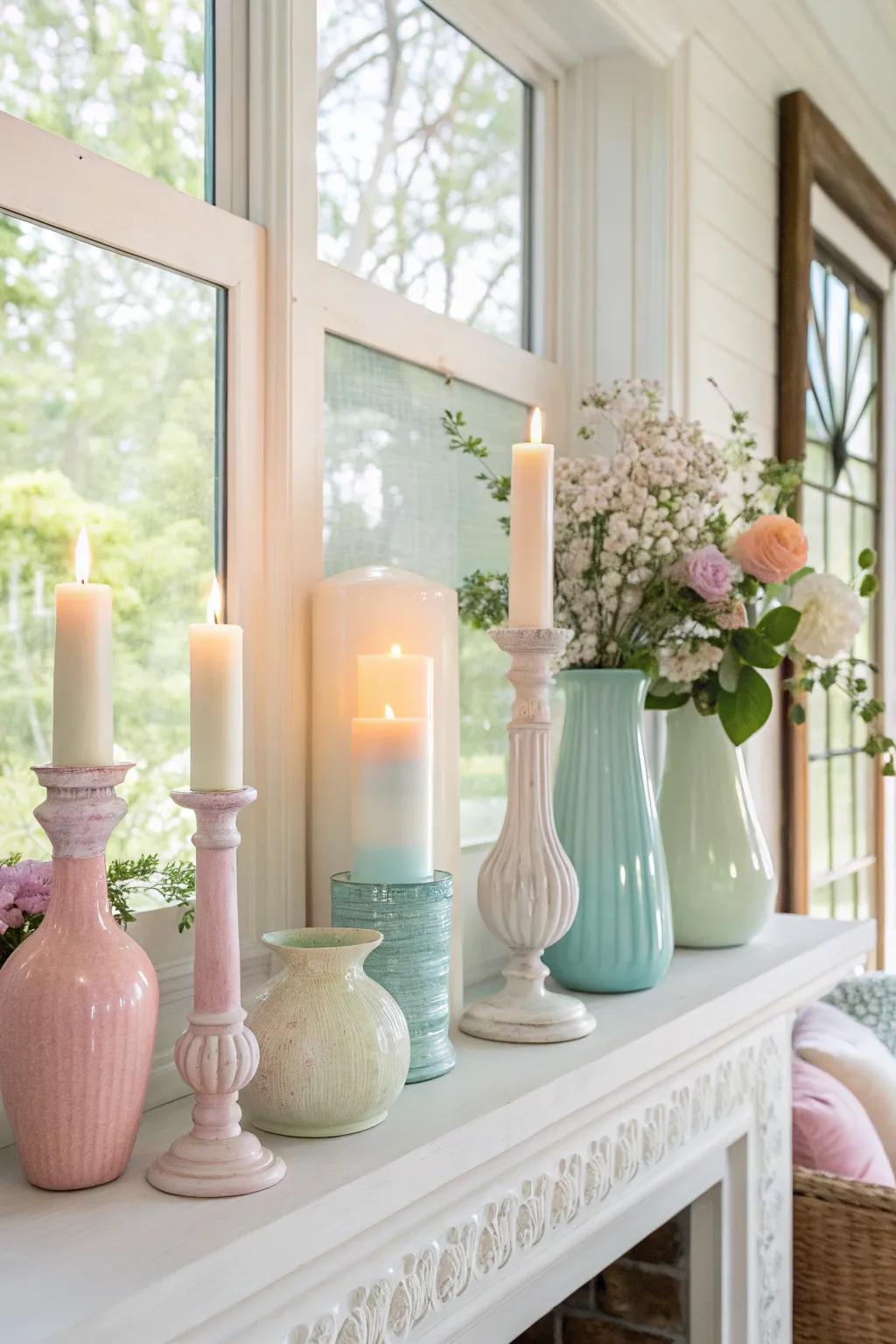 Pastel tones softly enhance your mantel decor with summer's gentle embrace.