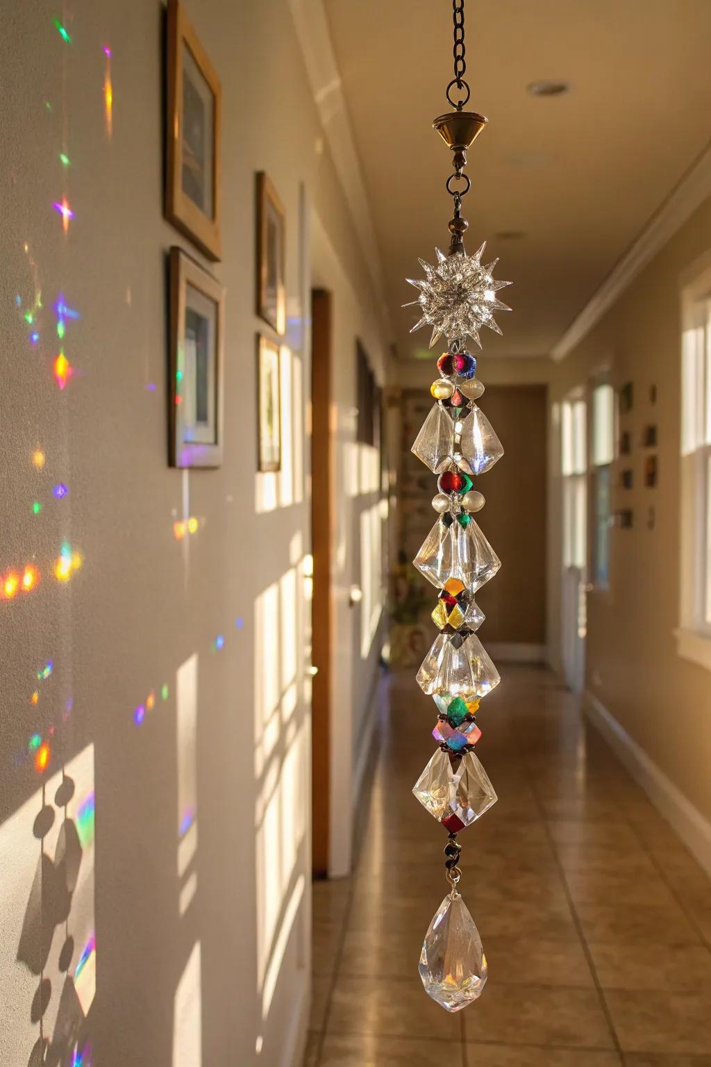 Crystals and prism light catchers create dazzling reflections.