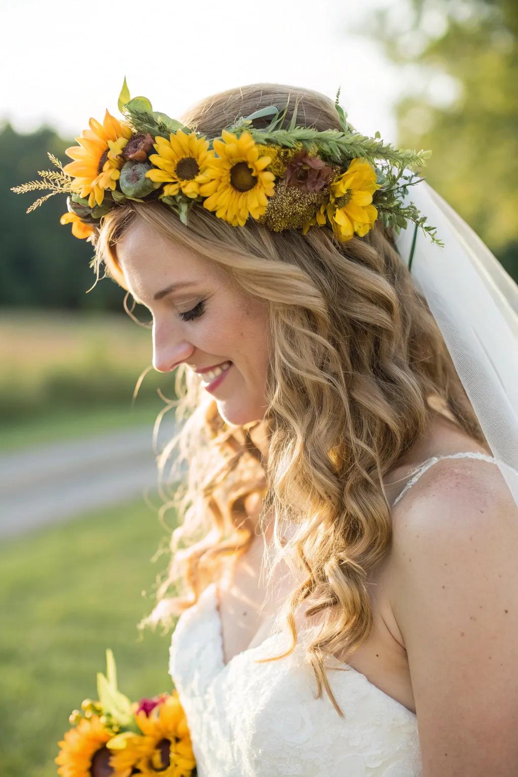 A bride adorned with a sunflower crown, showcasing a playful hairstyle.