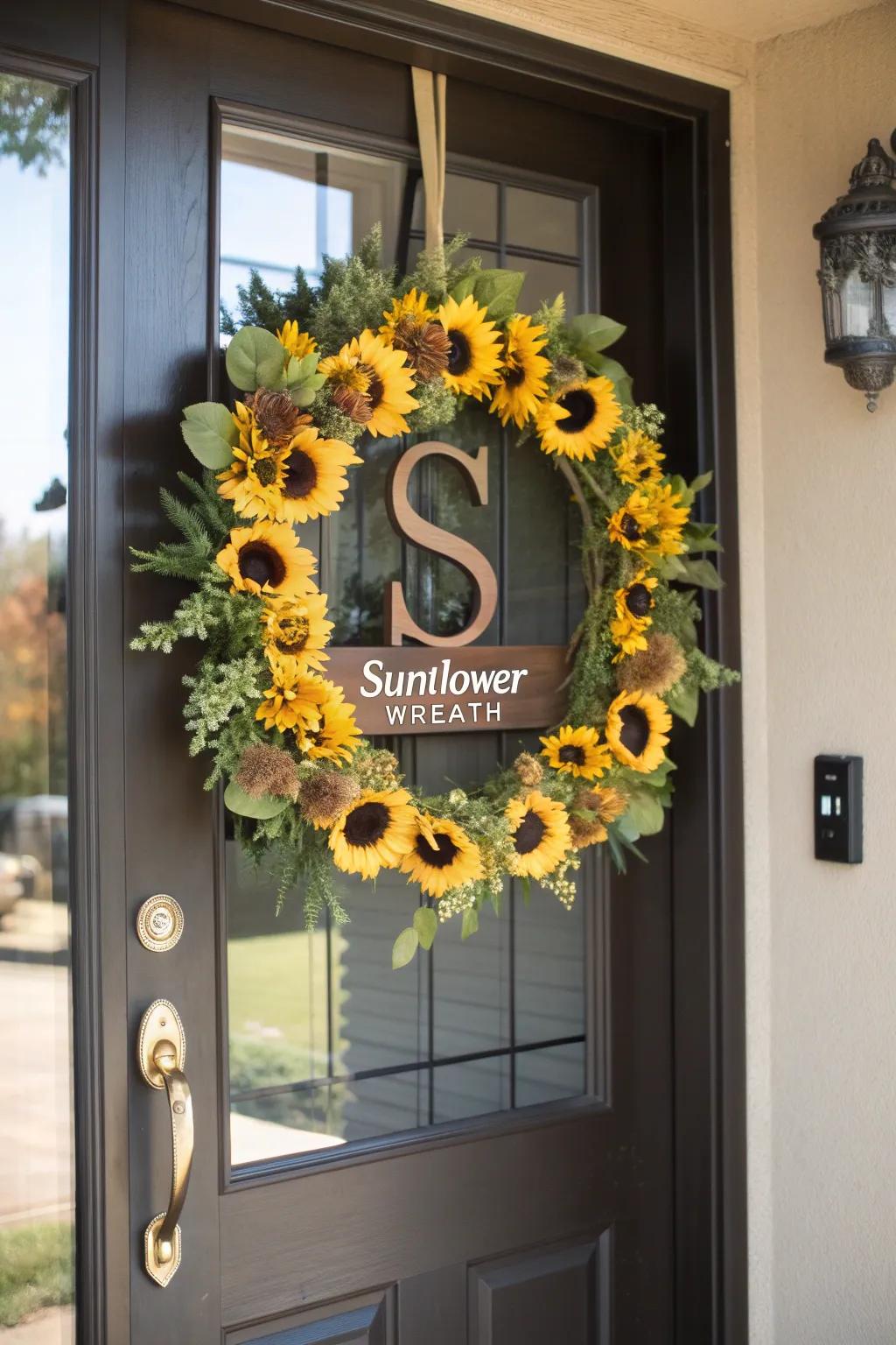 Add a personal touch with a personalized sunflower wreath.