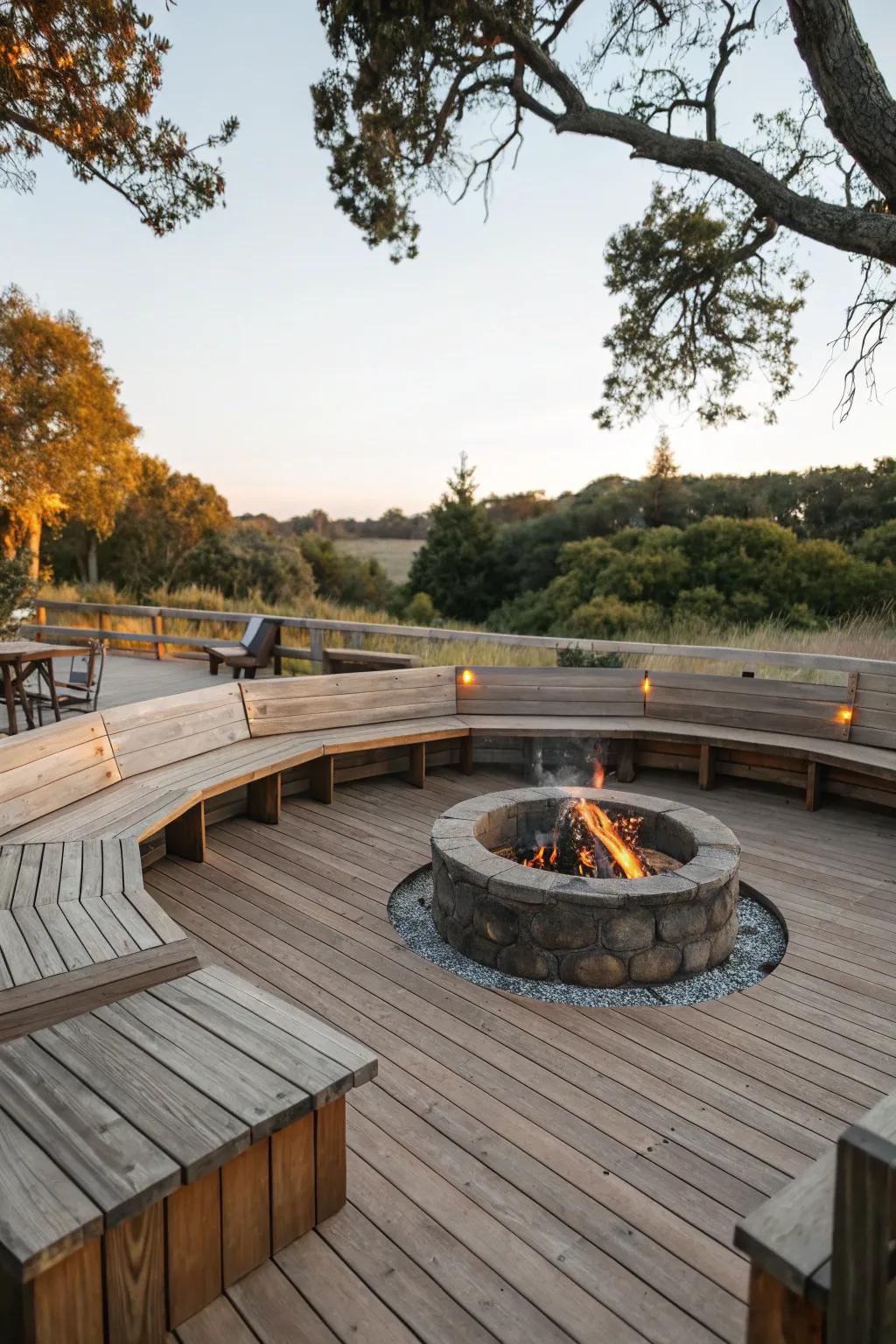 Timber accents elevate the warmth of this sunken fire pit.