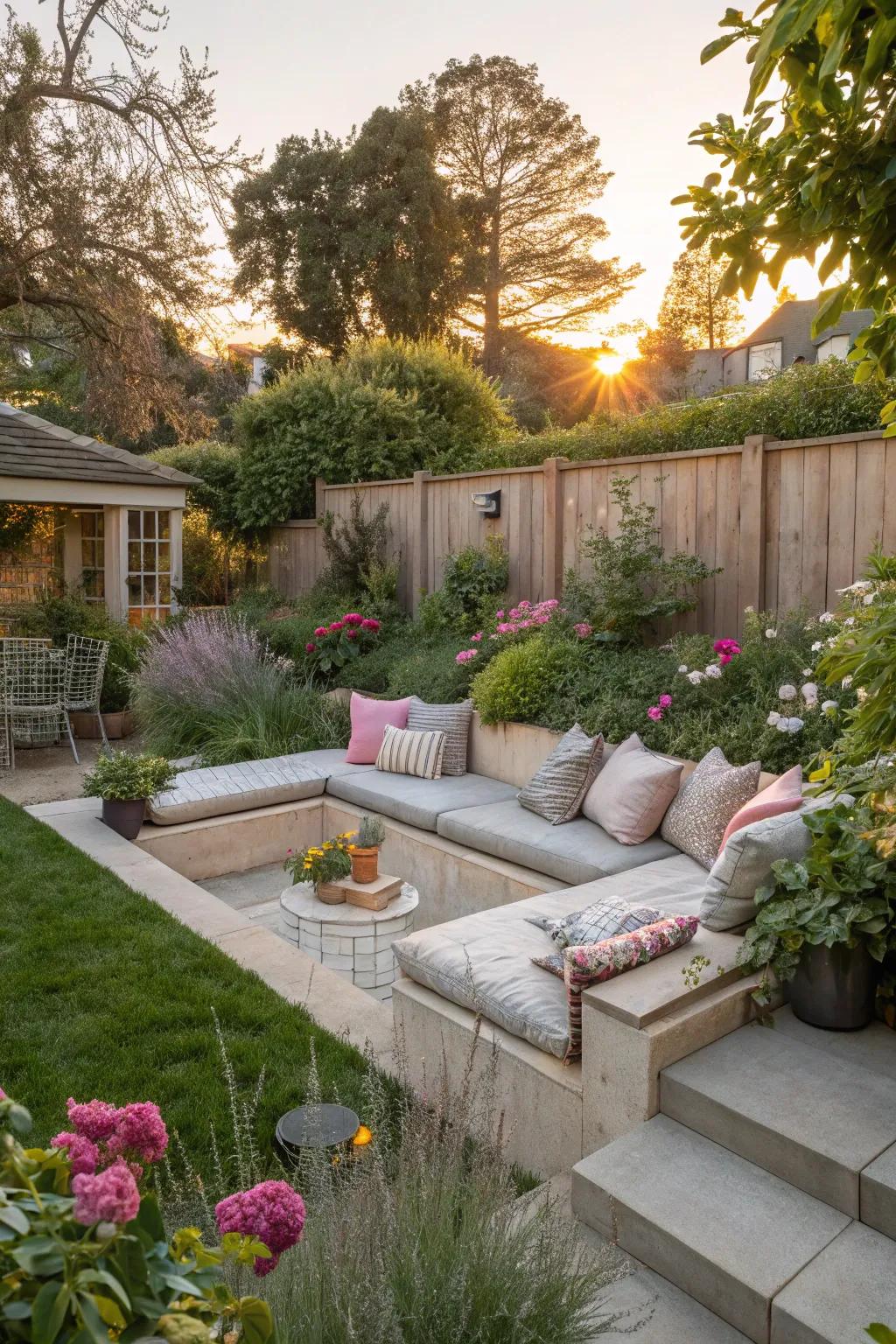 Integrated seating areas enhance the allure of this sunken garden.