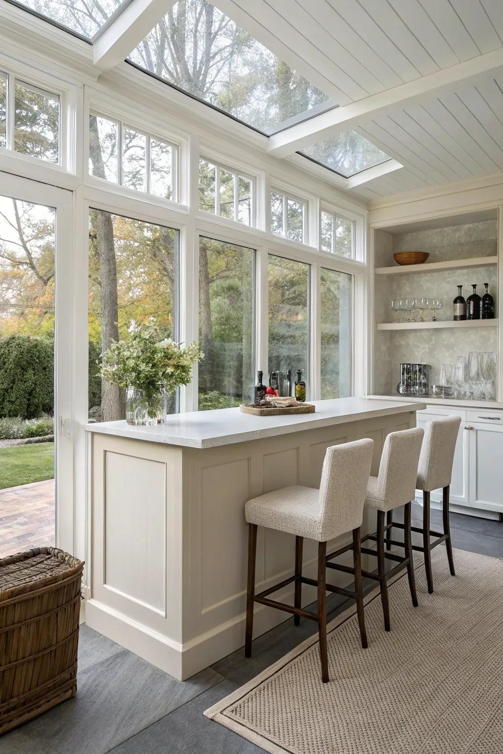 A basic design keeps your sunroom bar graceful and airy.