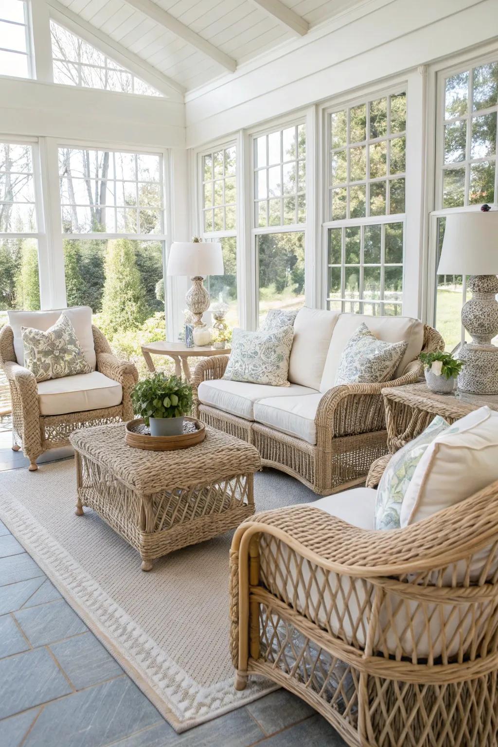 Wicker details offer a timeless allure to this sunroom area.