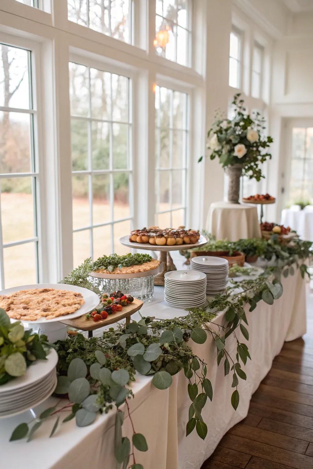 Any buffet arrangement will benefit from the addition of greenery, which will give it a revitalizing touch.