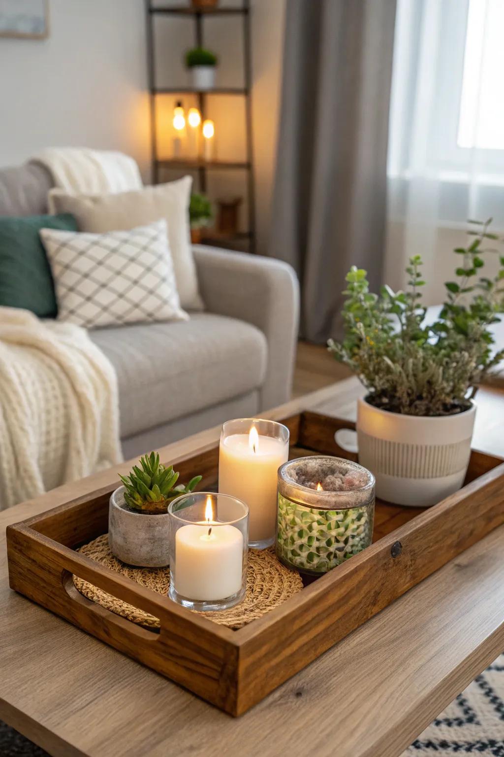 A tray keeps your decor items neatly arranged and stylish.