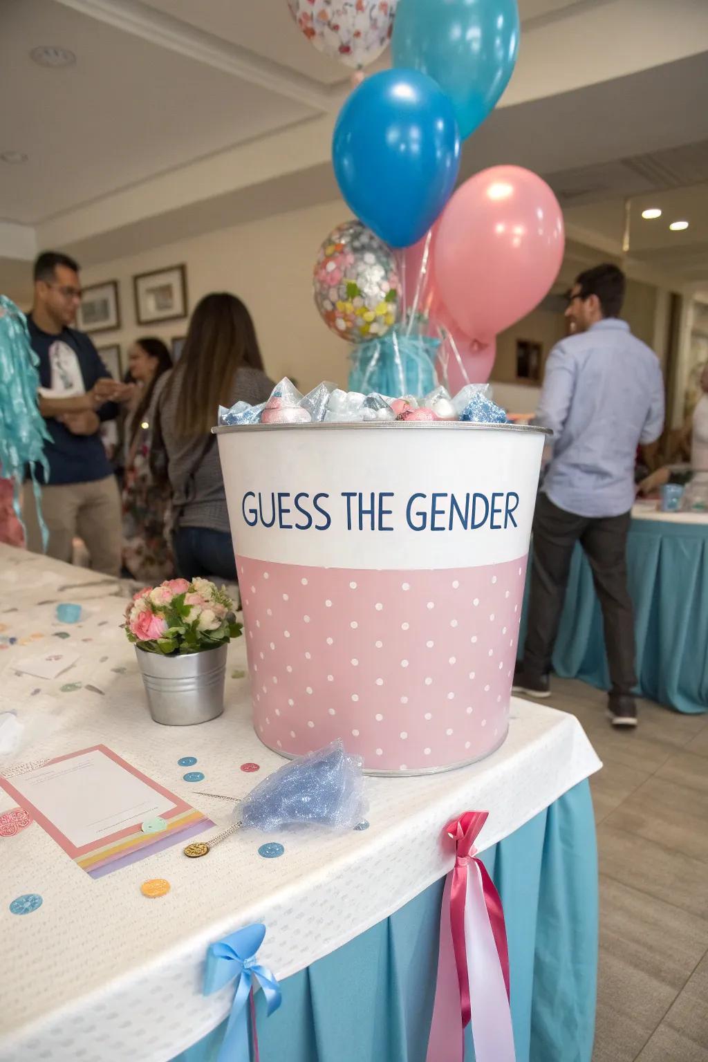 An involving prediction game arrangement to immerse your guests in the gender reveal anticipation.