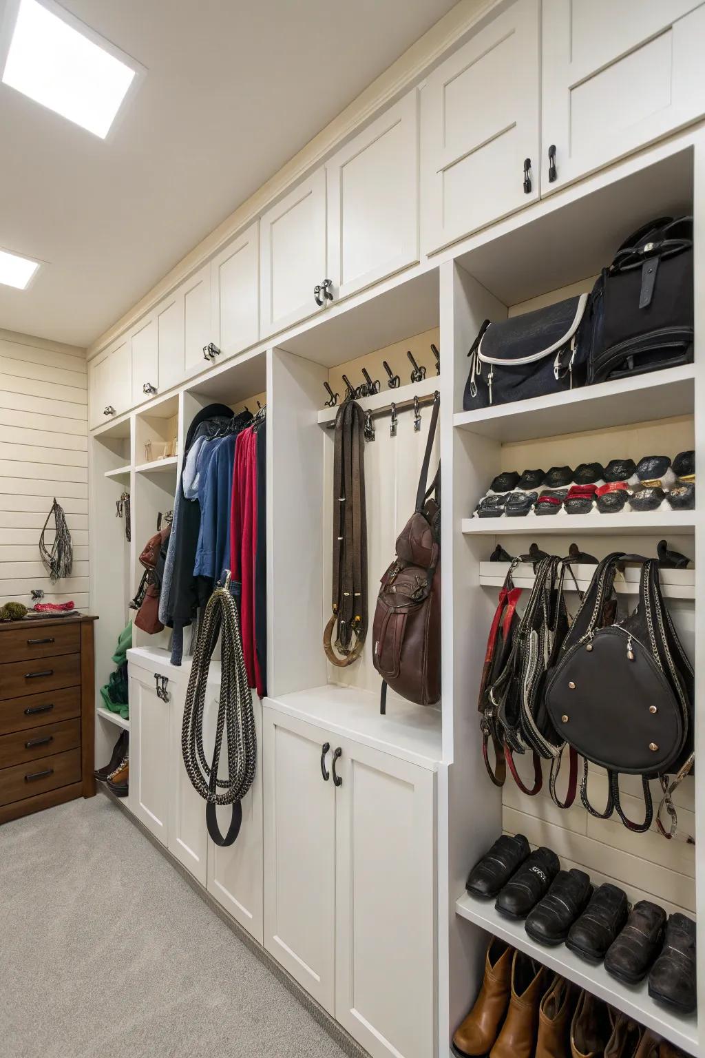 Efficient furniture solutions in a tack room maximizing use of vertical storage.