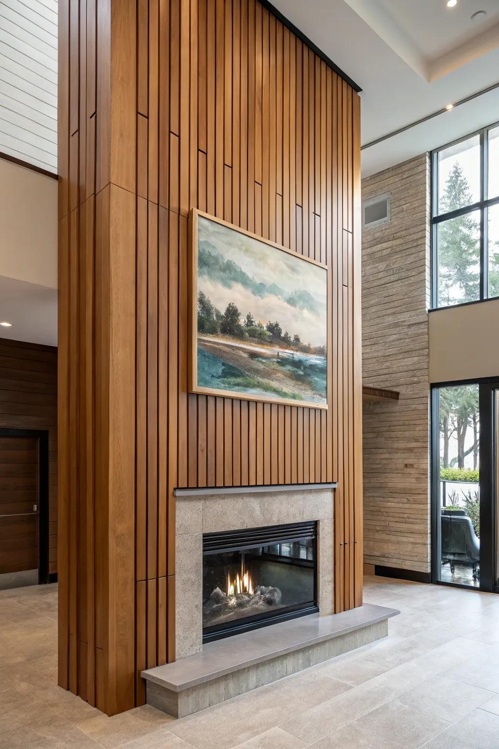 Vertical elements accentuate the height of a fireplace wall.