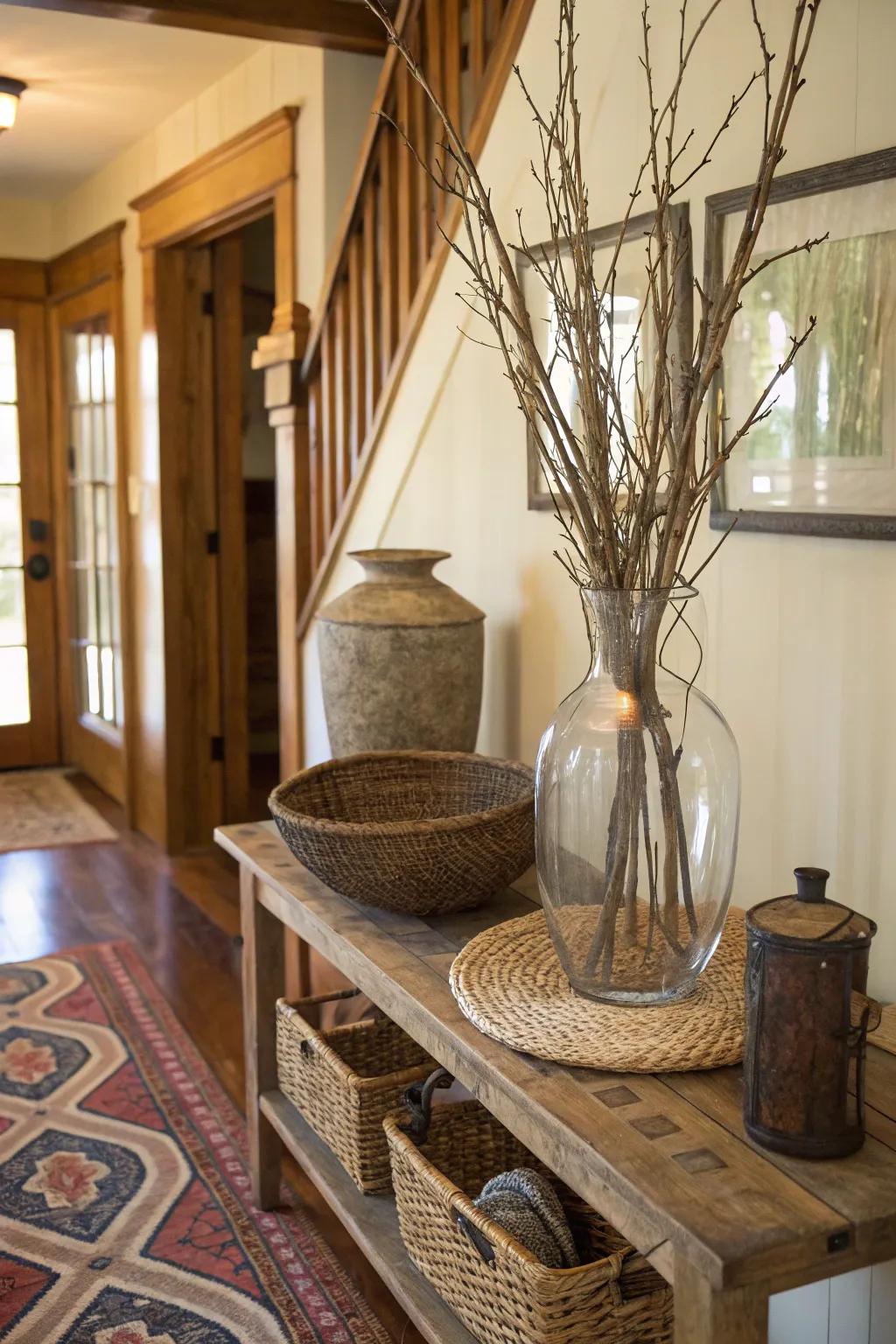 A pastoral elevated glass vase adorned with unadulterated boughs, thereby augmenting the entrance hall through an allusion to nature.