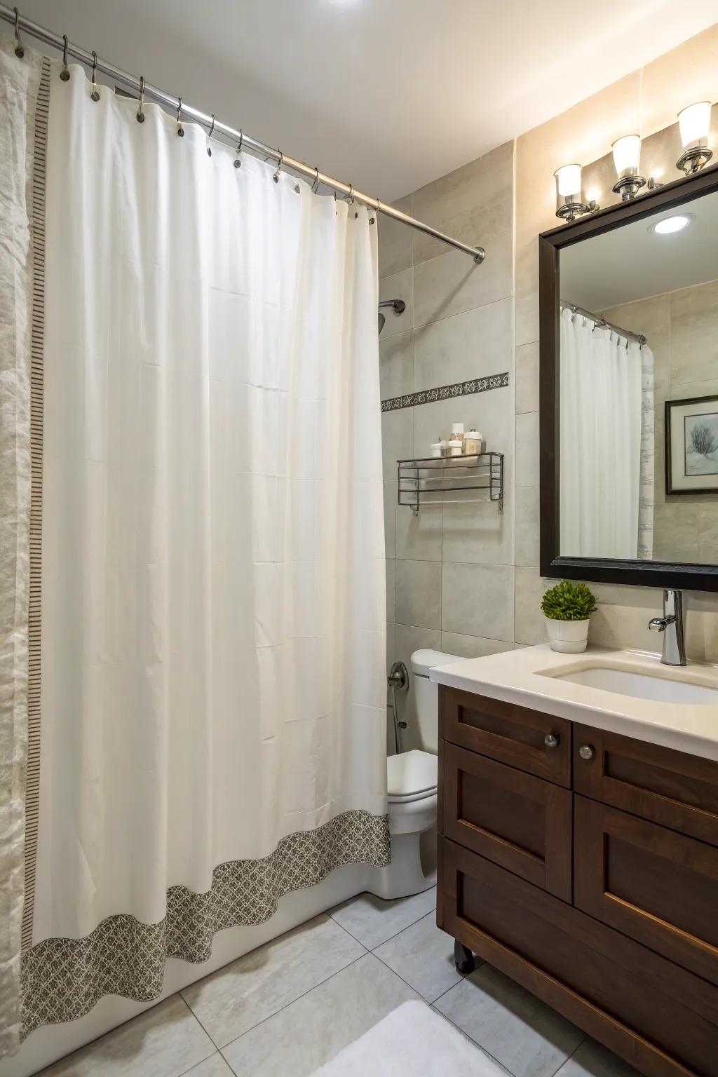 Extra-long shower curtains create the illusion of enhanced space, ideal for compact bathrooms.