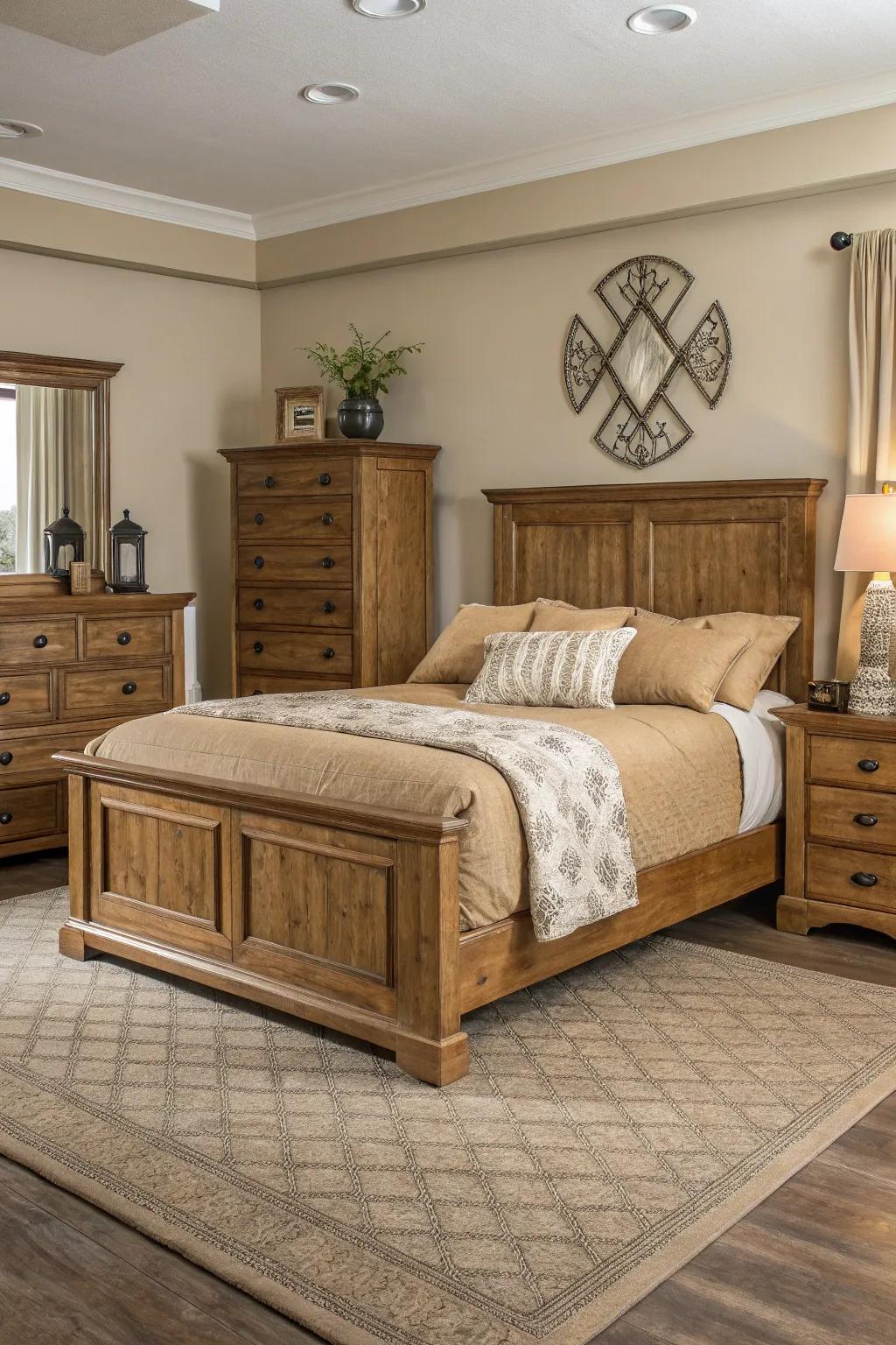 Timber furniture gracefully blends with the tan room concept.