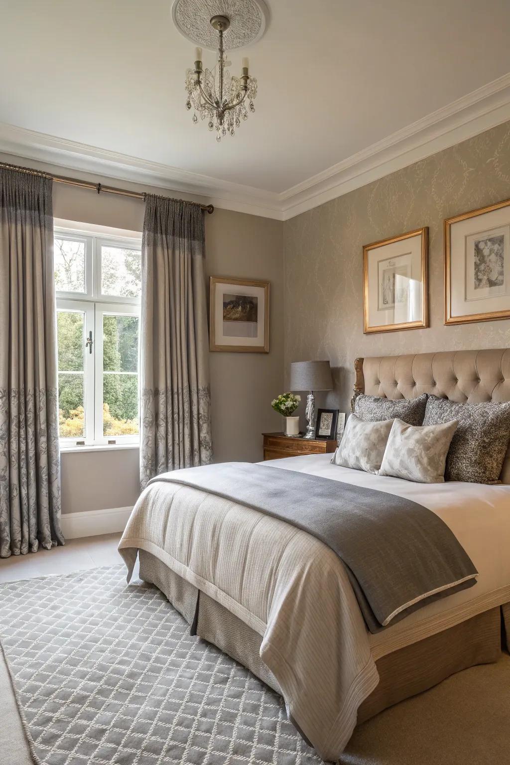 Chic grey window treatments complementing soft brown walls.