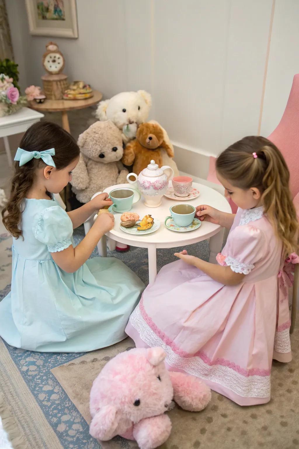Children in pastel outfits enjoying a fanciful tea party with their plush companions.