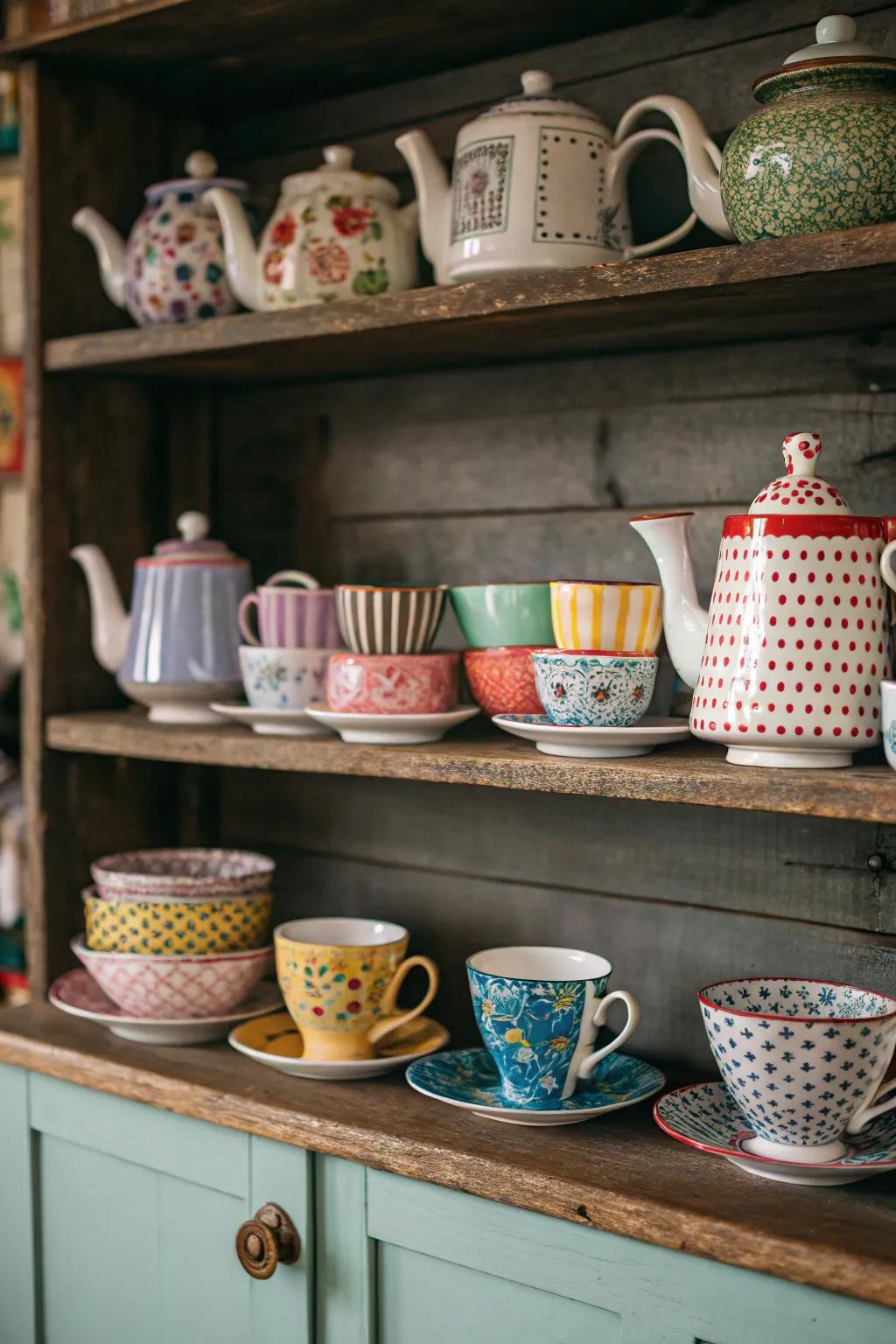 A vibrant, playful arrangement of mismatched tea sets.
