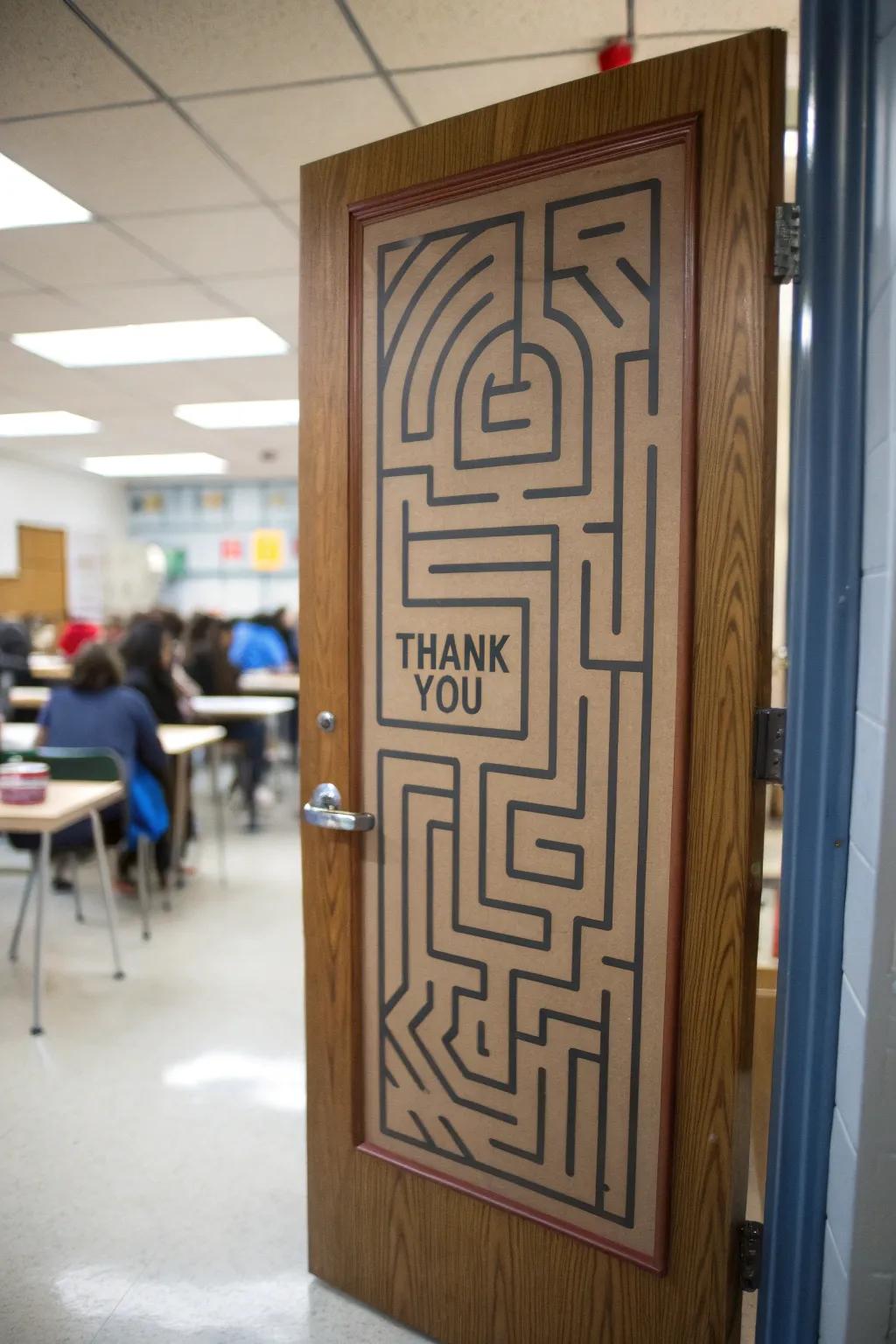 Navigate the path of gratitude with this inventive door design.
