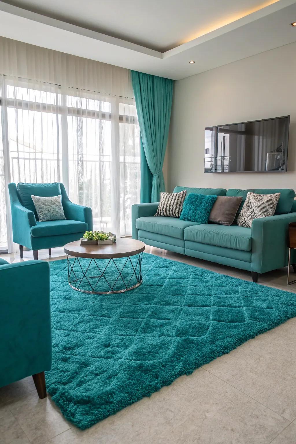 An aquamarine carpet infuses dimension and color, grounding this fashionable living room.