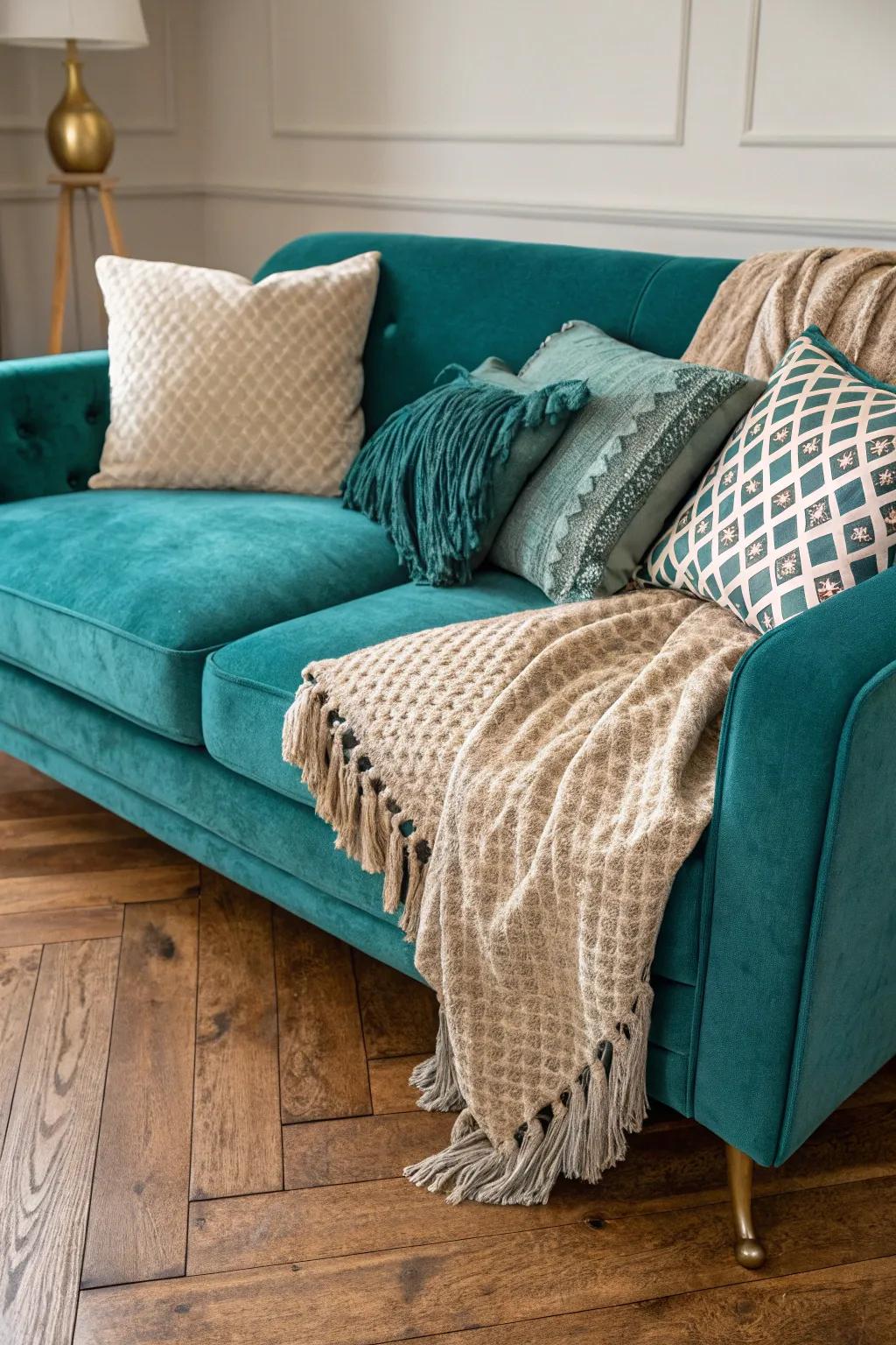 Layering textures near a teal settee crafts an opulent and inviting space.
