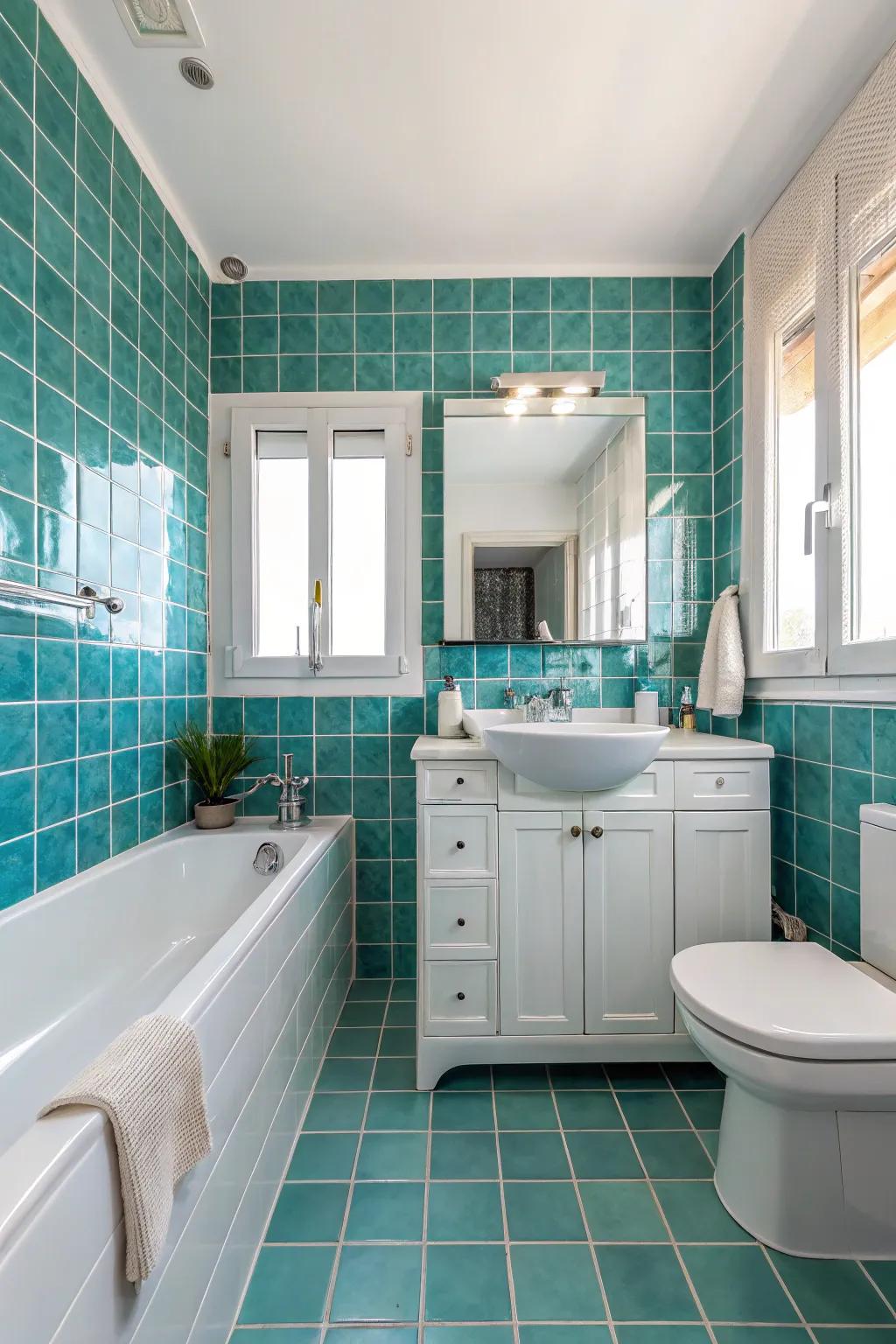 Teal and off-white collectively conjure a rejuvenated and spacious sensation.