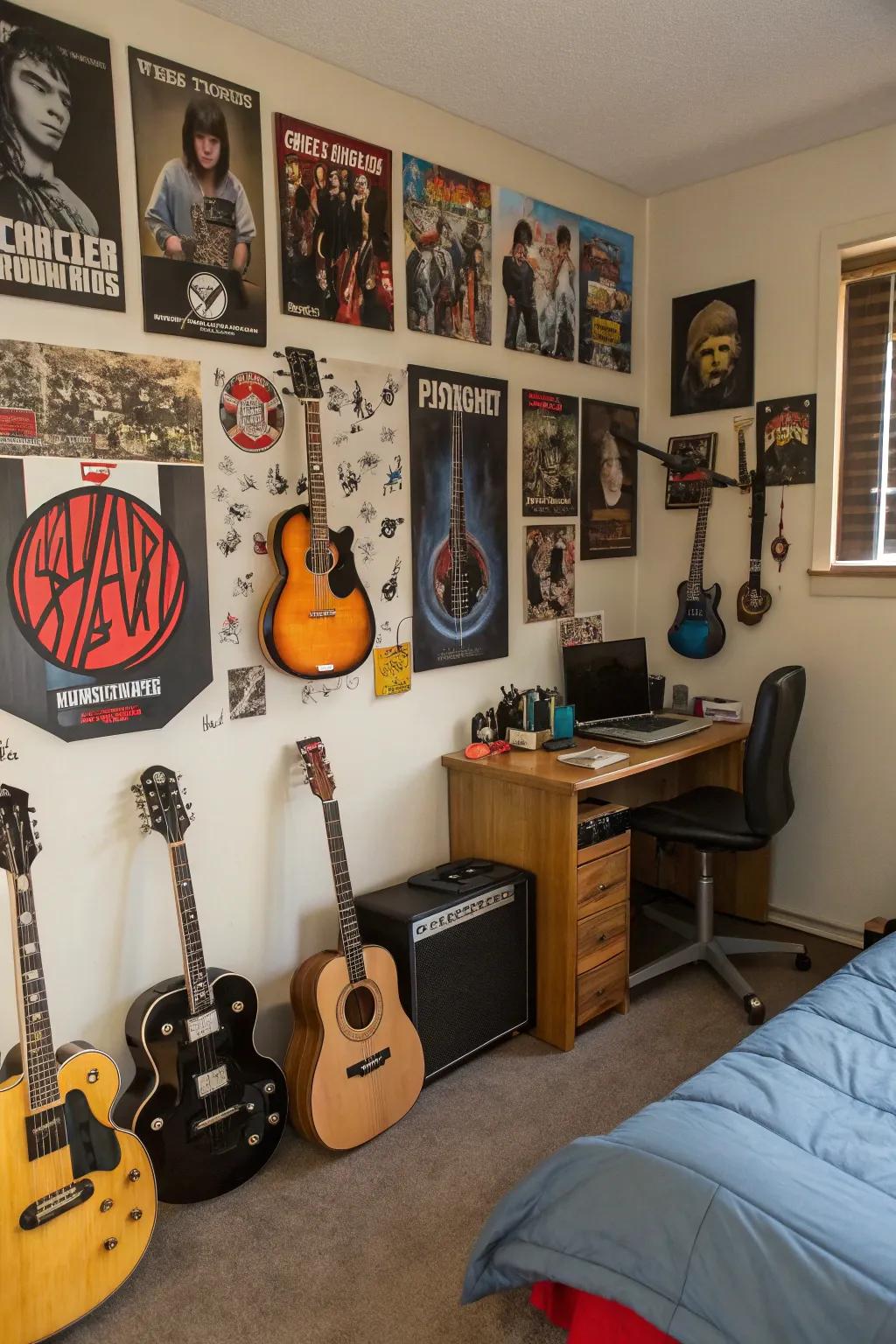 A teen boy's room features a music-themed wall, proudly displaying guitars.