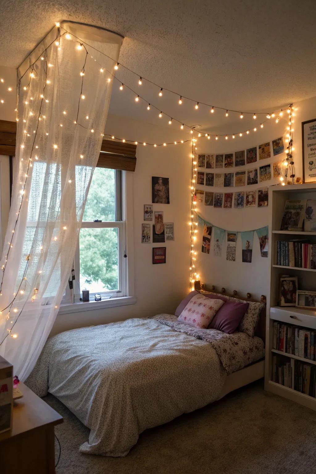 Fairy lights add a magical ambiance to this cozy teen girl bedroom.