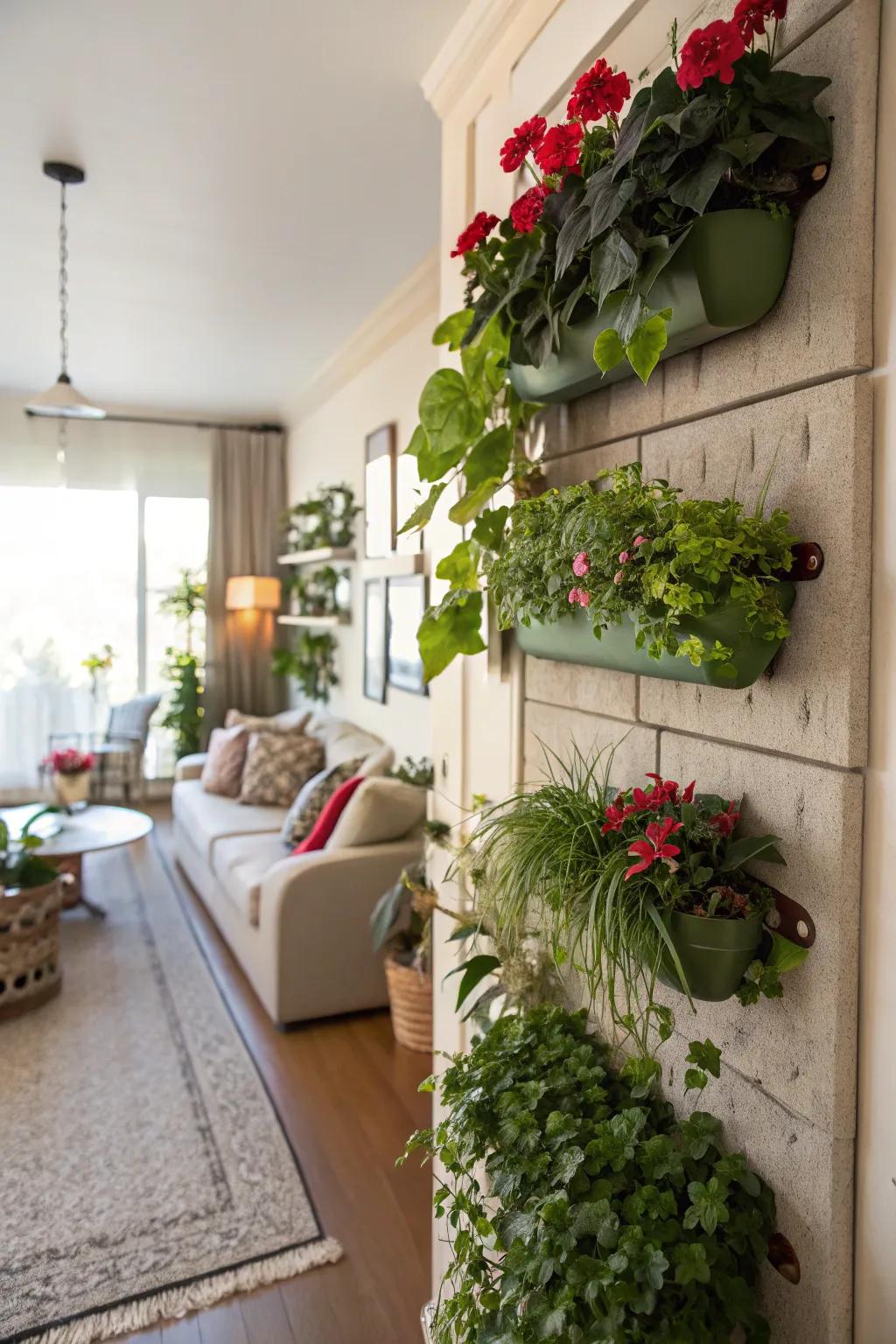 Wall-mounted plant holders enrich a temporary wall with lush foliage.