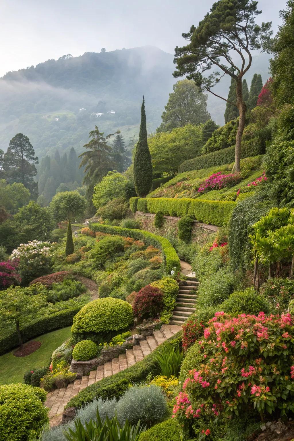 A terraced garden brimming with lush greenery, providing a serene and natural atmosphere.