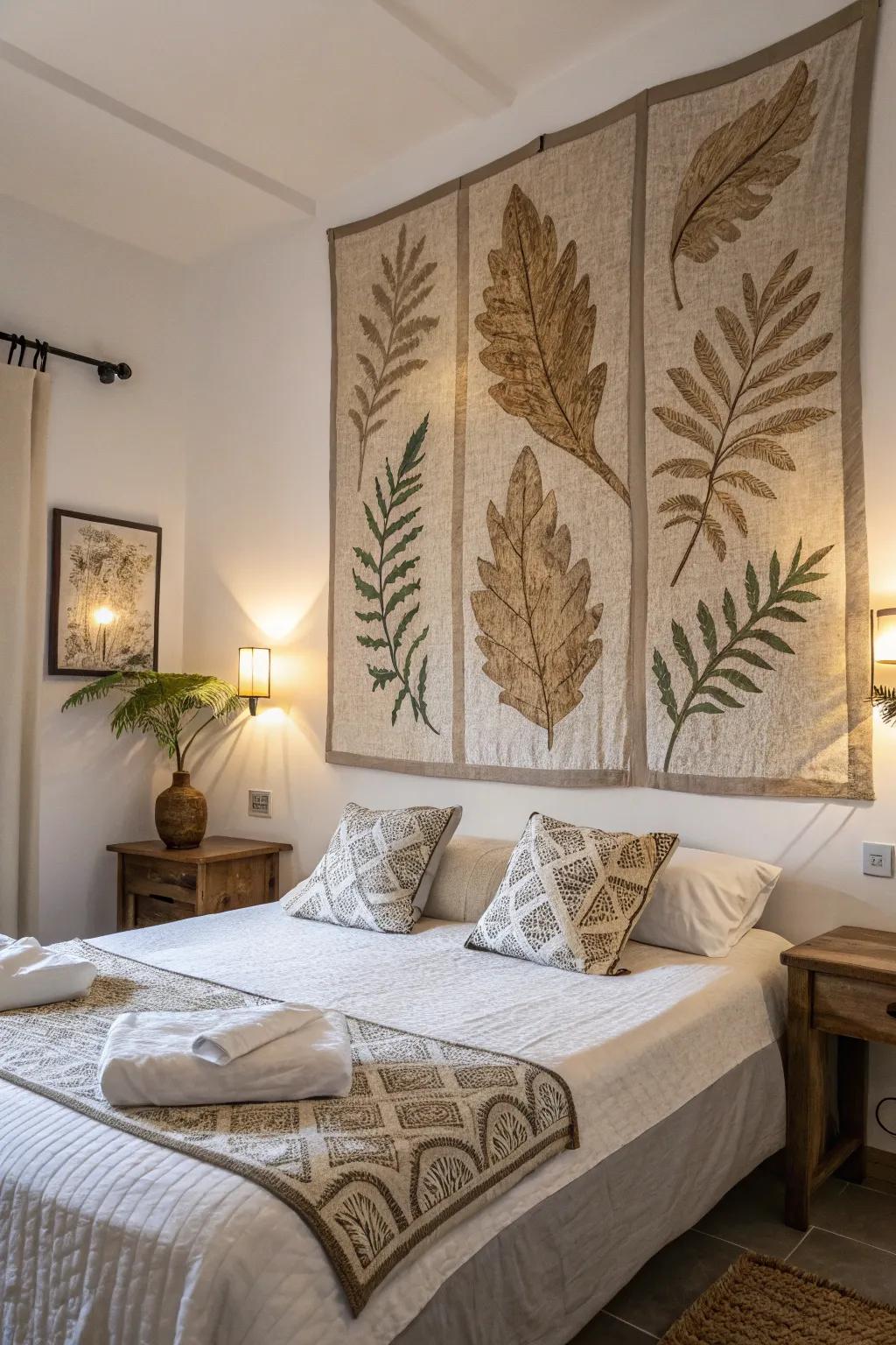 This tranquil bedroom's ambiance is enhanced by natural leaf designs.