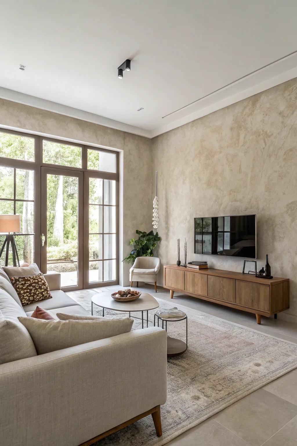 A minimalist living space brightened by subtle textured walls.