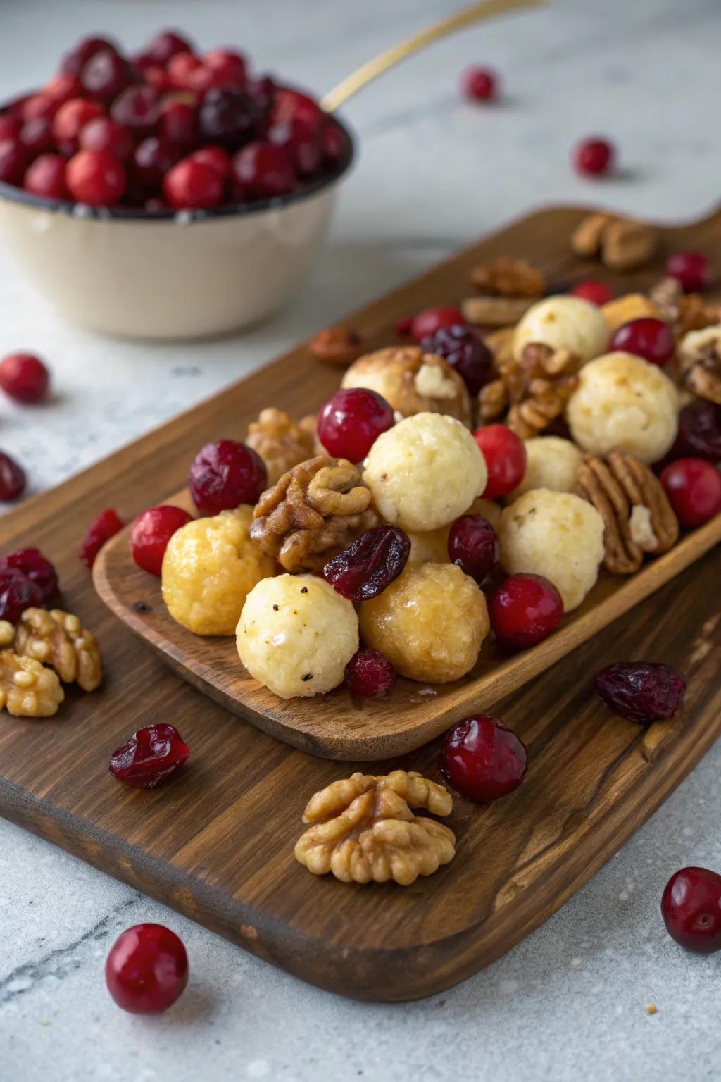 A cranberry and walnut cheese ball, enriched with celebratory accents.