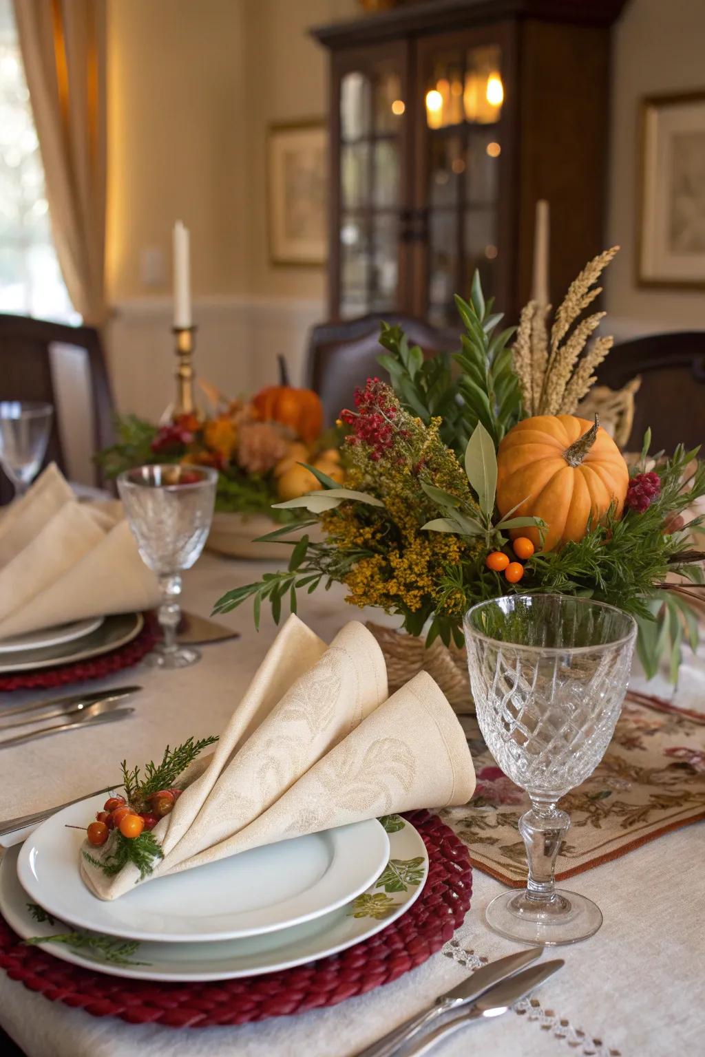 Cornucopia napkin folds celebrate the season's generosity.