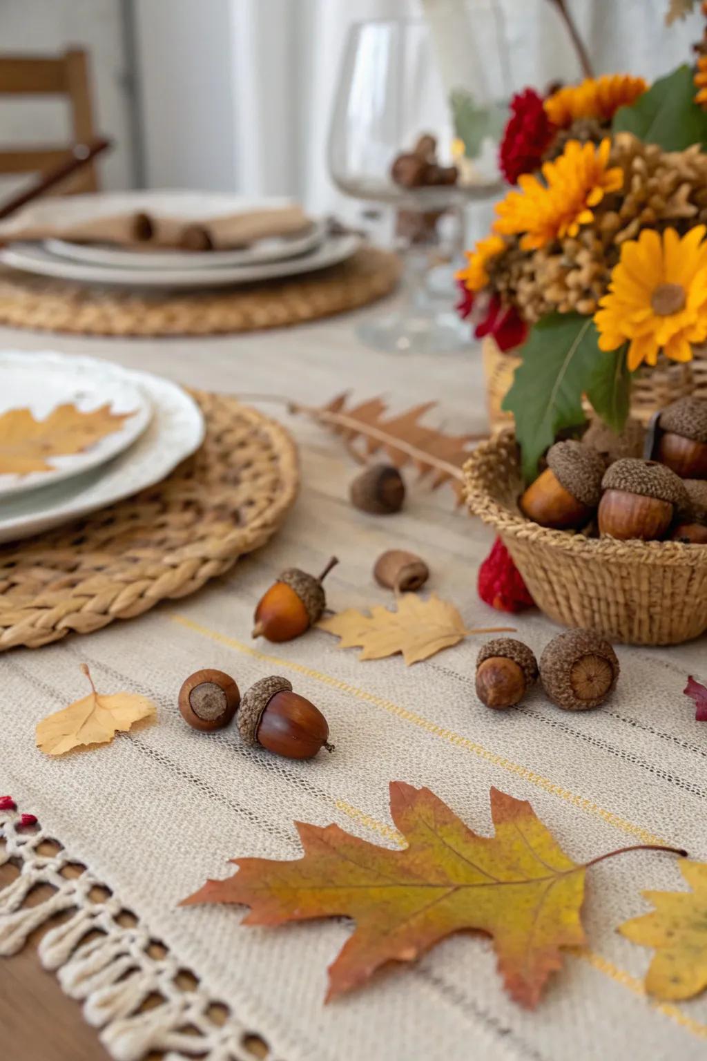 Natural details like acorns and leaves enhance the table's rustic charm.